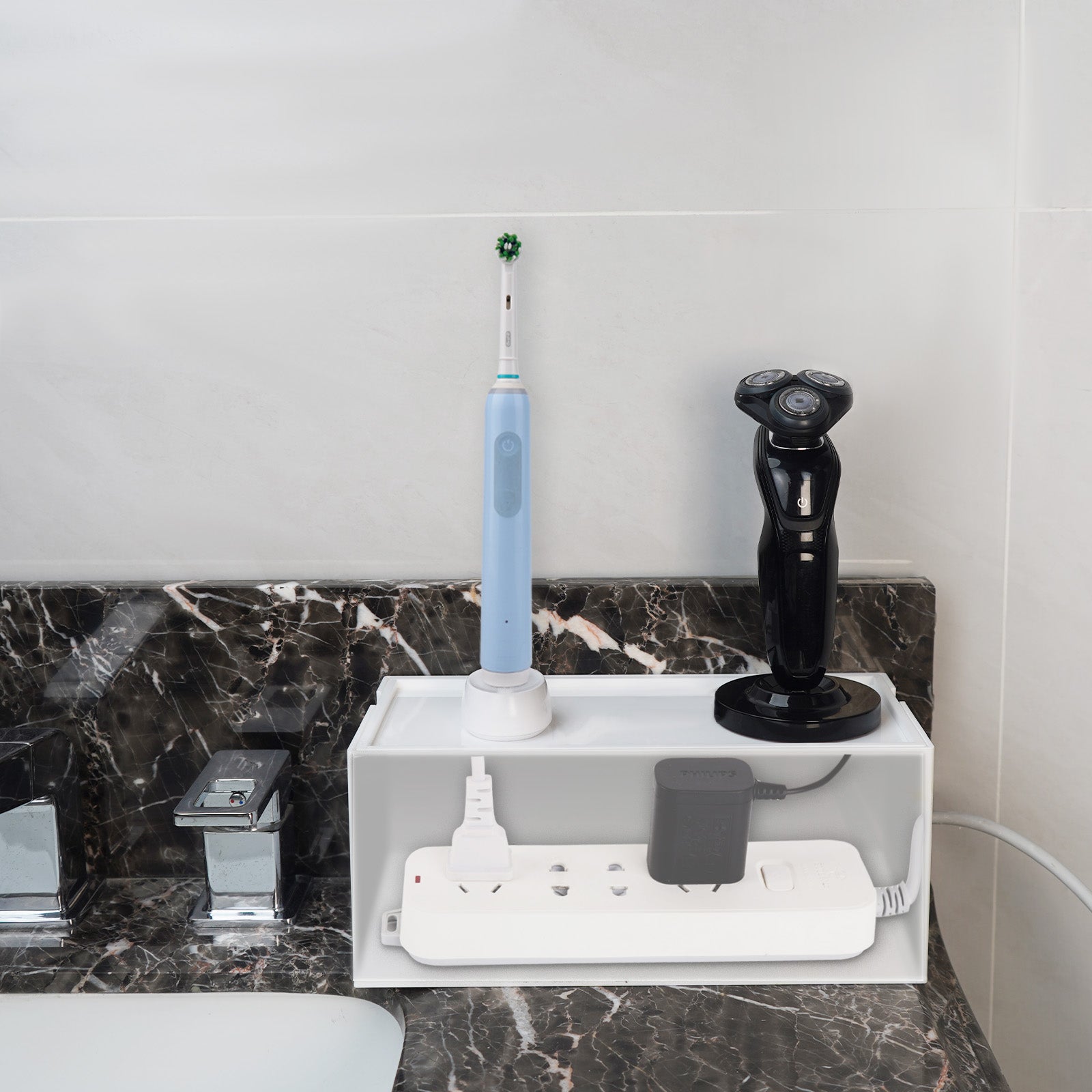 Linkidea Bathroom Cable Organizer Box for Electric Toothbrush & Razor Chargers, Cord Hider Storage Case, Countertop Clutter-Free Vanity Organizer (White)