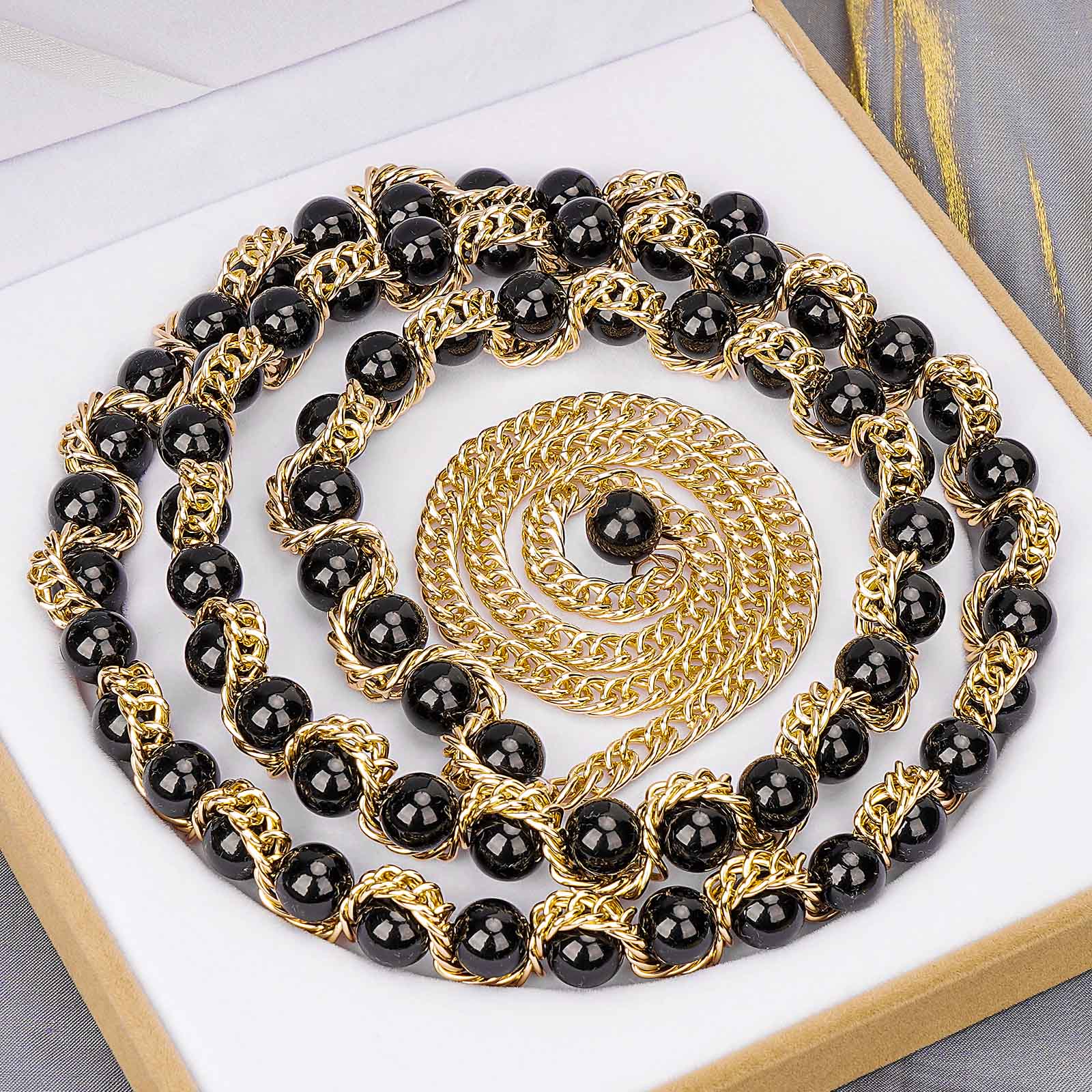 Plus Size Chain Belt for Women, Gold Color and Black Faux Pearl Waist Chains, Extra Long Body Chain, 31-51 Inch Adjustable Chunky Belt Chain