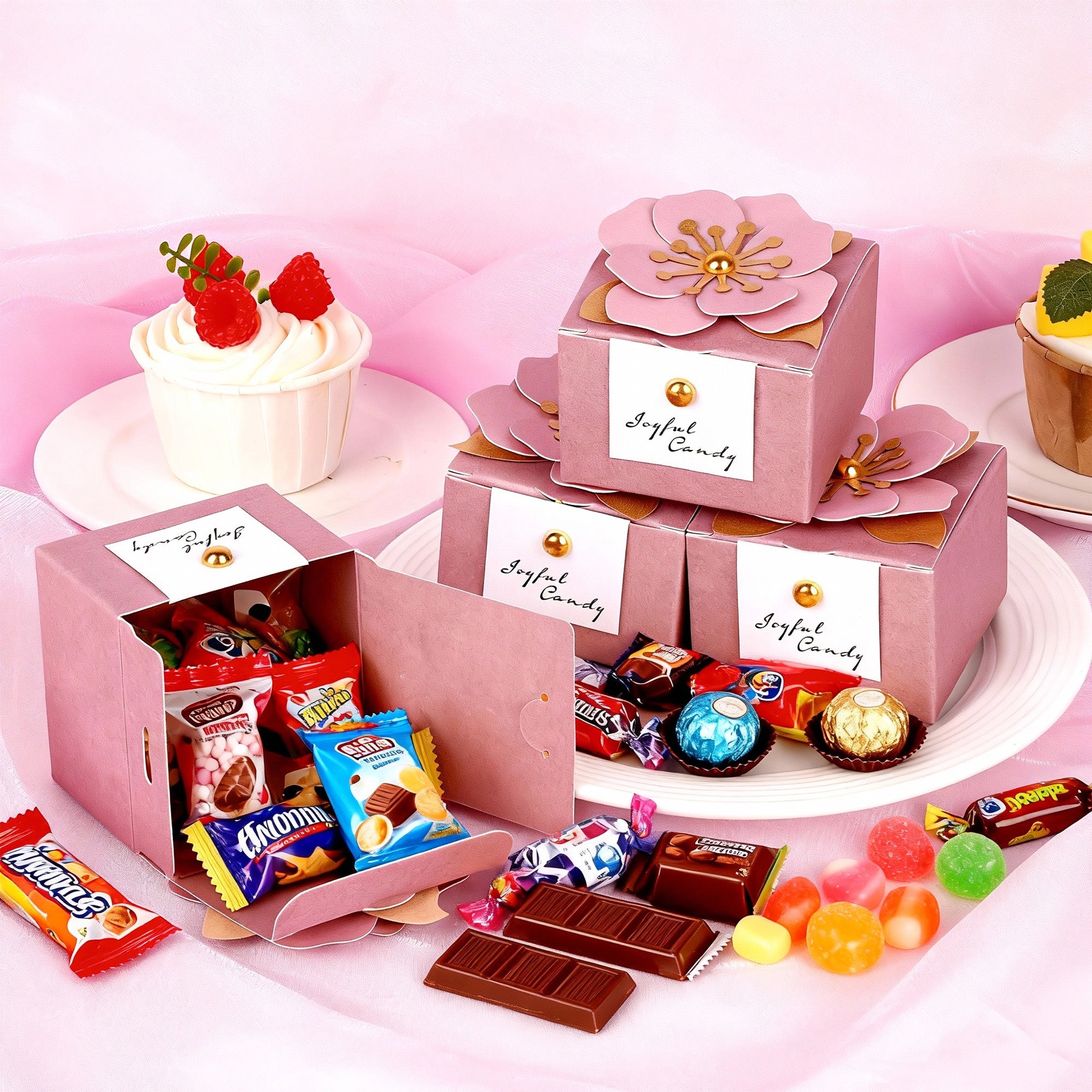 Linkidea 20 Pcs Pink Floral Folding Candy Gift Boxes 2.55" x 2.55" x 1.77" for Wedding Favors, Elegant Party Thank You Boxes with Tags