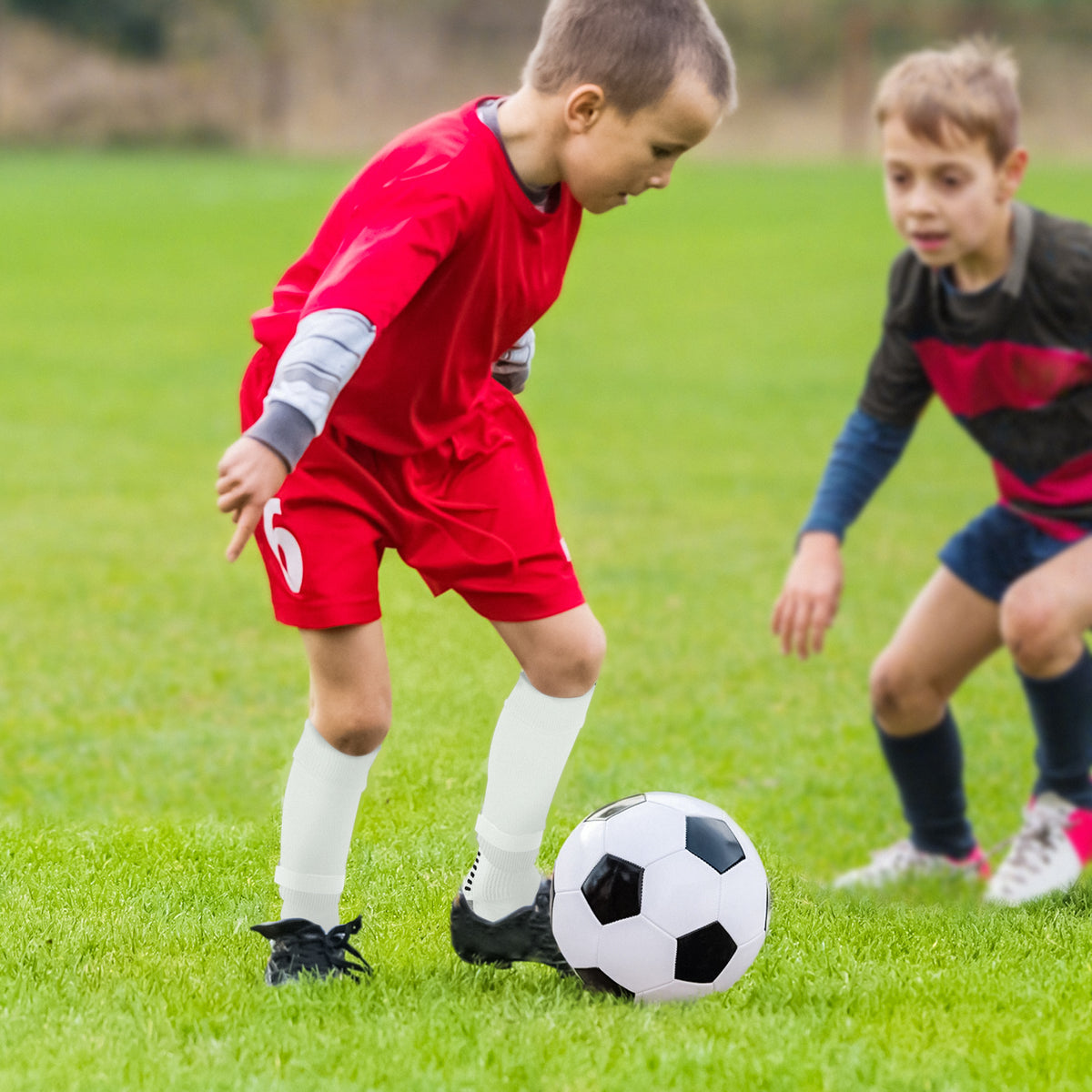 Linkidea Kids Soccer Grip Socks with Shin Guard Sleeve for Age 6 - 9 (White)