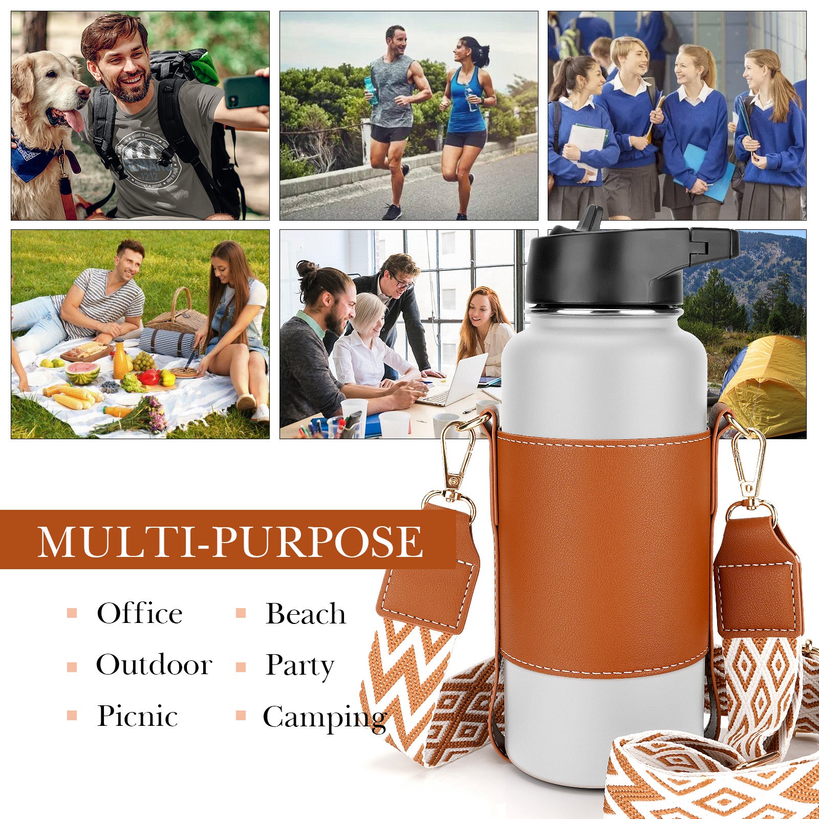 Linkidea Vegan Leather Water Bottle Carrier with Strap Compatible with Hydro Flask Wide Mouth 32oz, IRON FLASK, Waterbottle Sling Bag Holder with Shoulder Strap