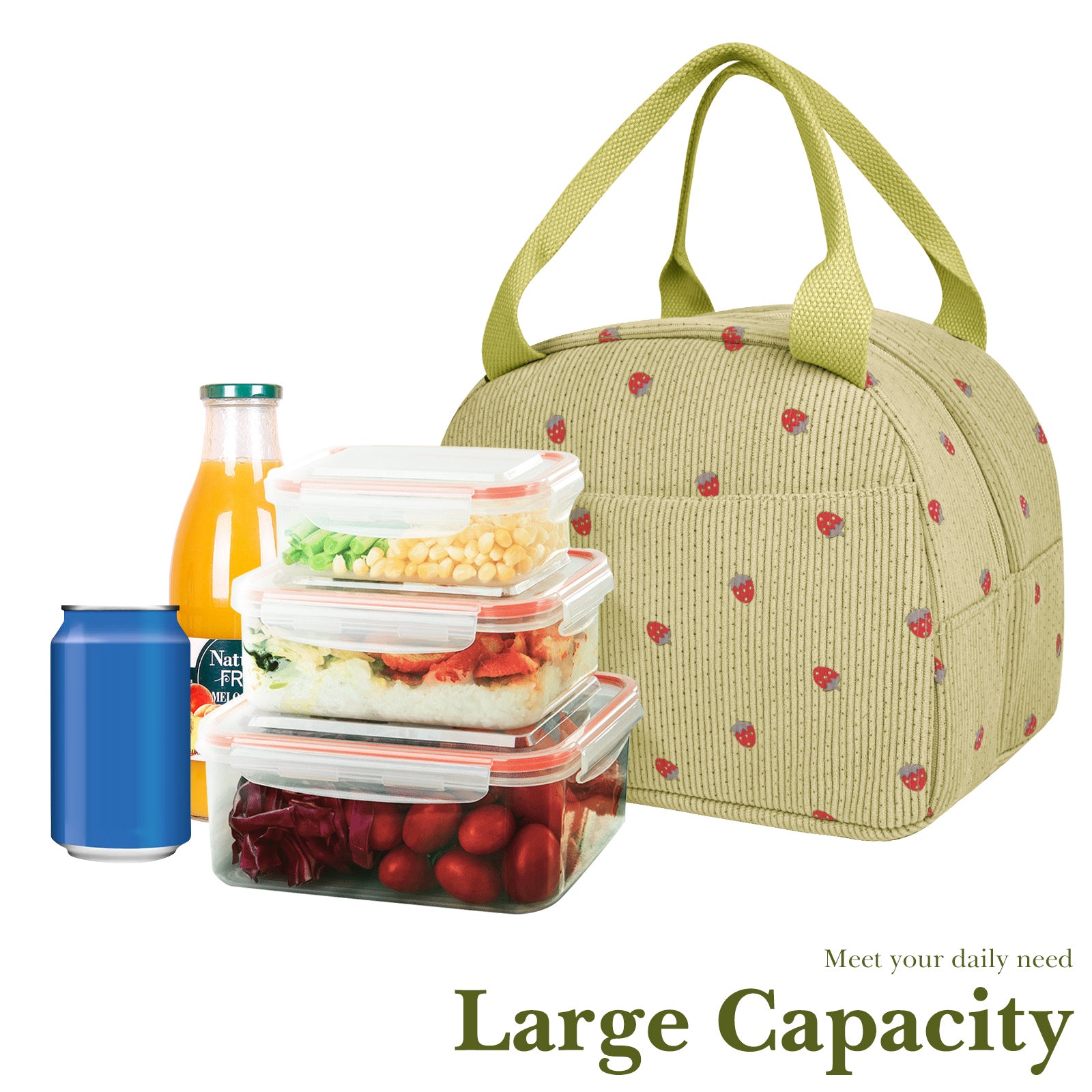 Linkidea Lunch Box for Adult, Corduroy Lunch Bag with Hand Strap, Large Capacity Lunch Bag for Everyday Outings, Compatible with Crock Pot, DUPASU, Aotto, LUNCHEAZE (Green)