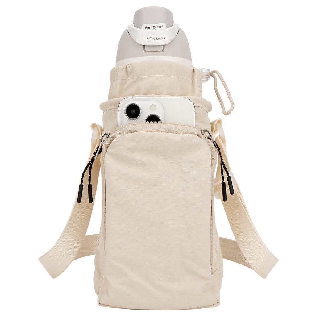 Linkidea Water Bottle Carrier with Strap Compatible with Owala FreeSip 24oz/32oz, IRON FLASK Wide Mouth 32oz, Bottle Shoulder Strap Bag Holder with Phone Pocket (Beige)