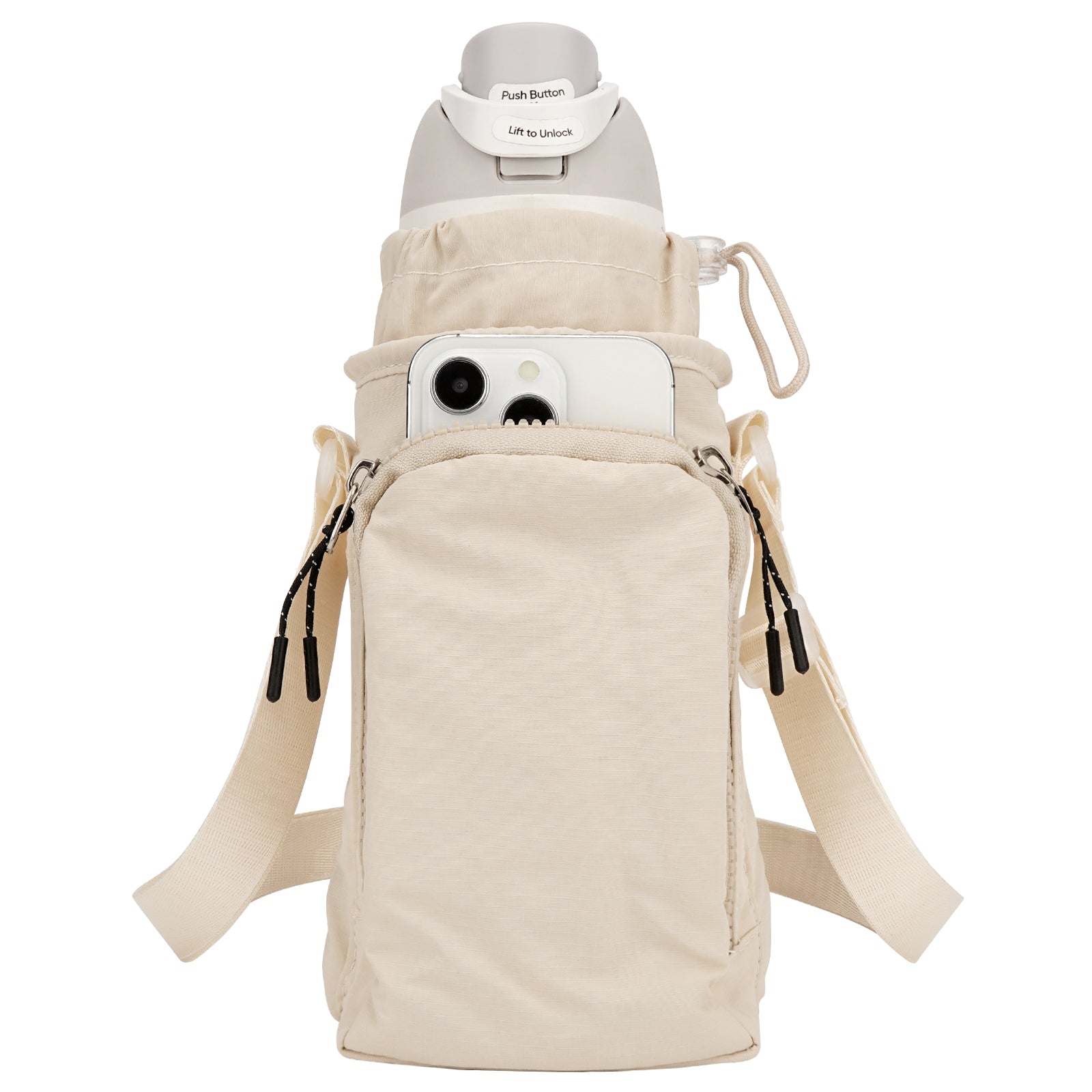 Linkidea Water Bottle Carrier with Strap Compatible with Owala FreeSip 24oz/32oz, IRON FLASK Wide Mouth 32oz, Bottle Shoulder Strap Bag Holder with Phone Pocket (Beige)