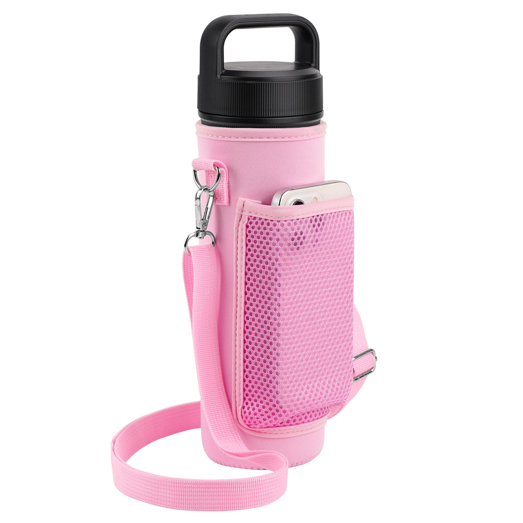 Linkidea Water Bottle Carrier with Shoulder Strap Compatible with YETI Rambler Bottle 26oz, Yonder 25oz, Waterbottle Sling Bag Holder with Mesh Phone Pocket, Pink