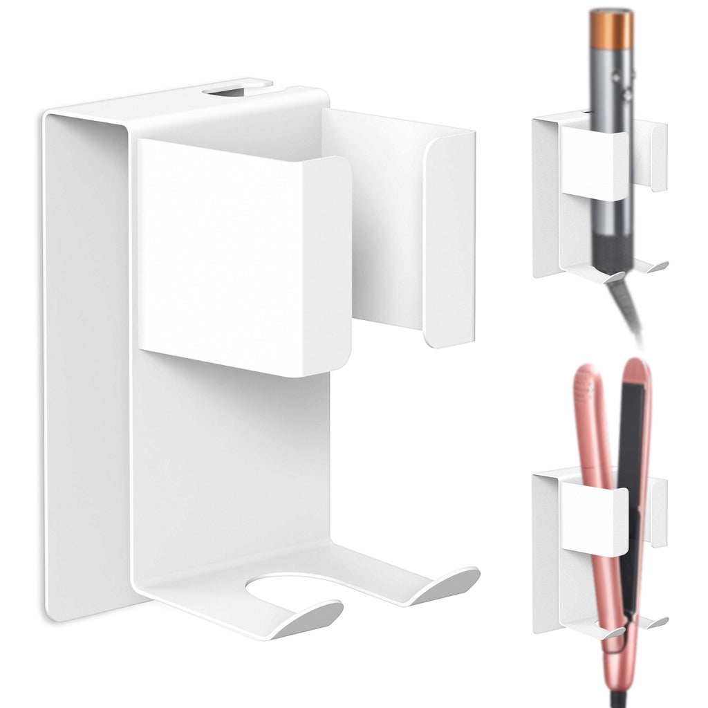 Linkidea Wall Mount Curling Iron Holder, Stainless Steel Hair Straightener Storage, Adhesive Hair Dryer Rack, Bathroom Organizer for Flat Iron, Curling Wand (White)