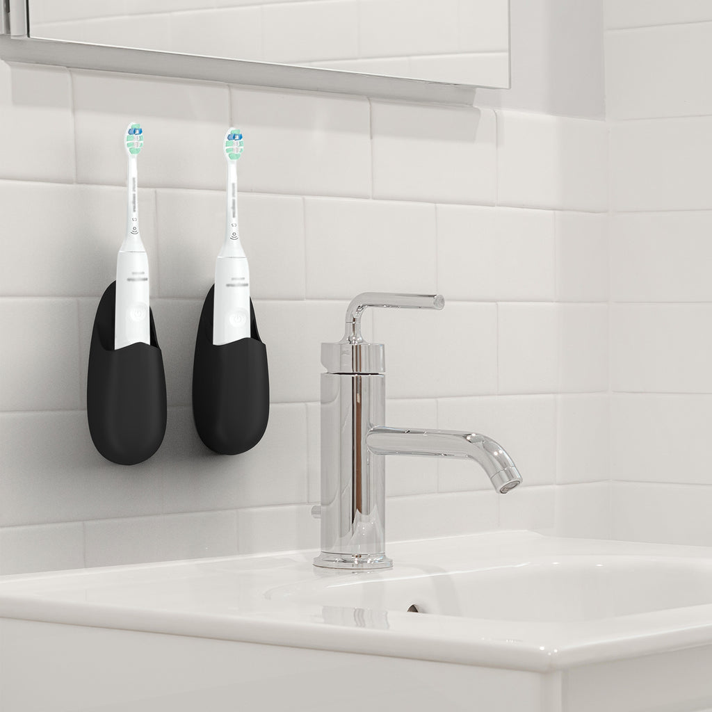 Linkidea 2 Pack Electric Toothbrush Holder Wall Mounted, Silicone Wallmount Power Toothbrush Storage Organizer, Adhesive Tooth Brush Hanger Compatible with Oral-B iO Series 4, Pro 3000(Black)
