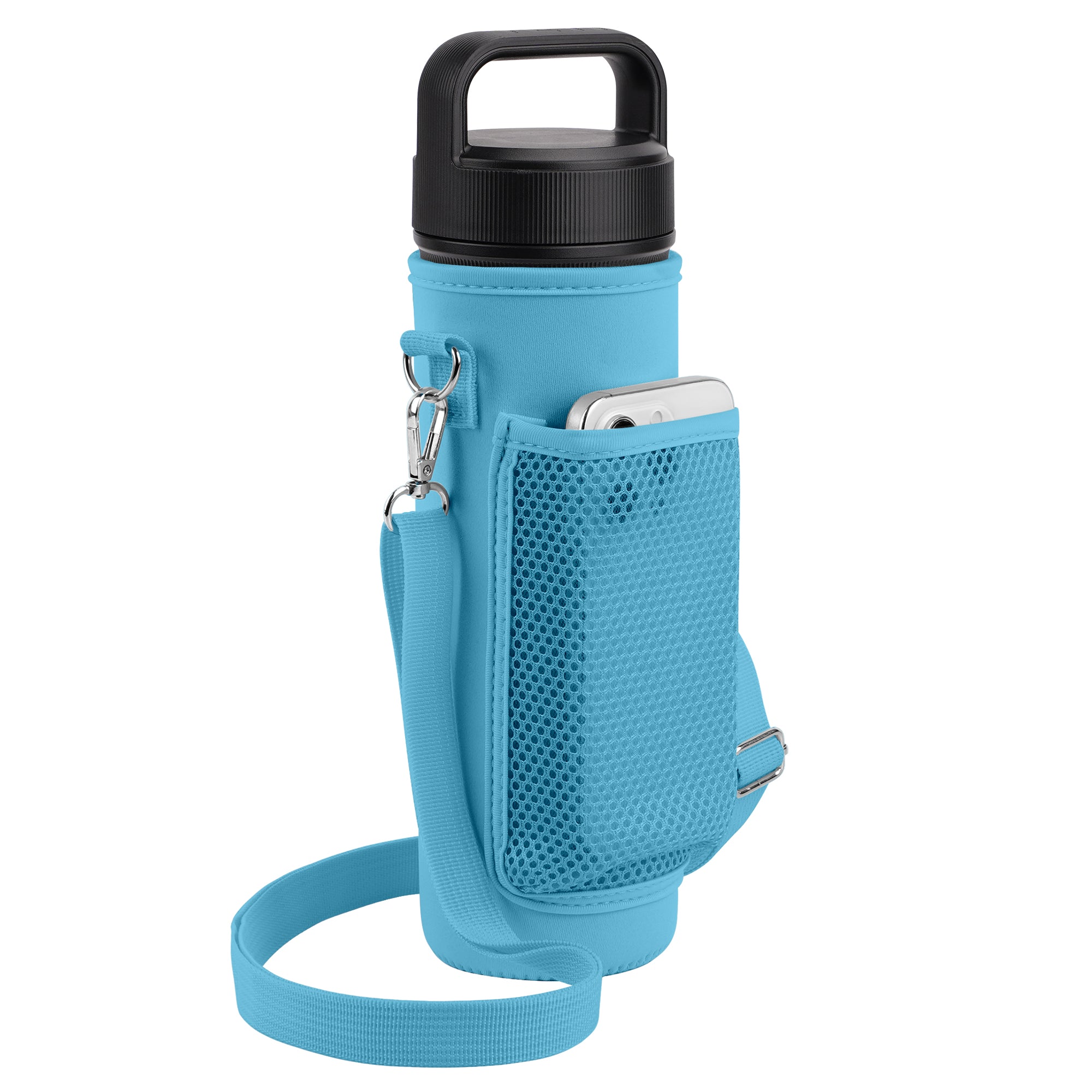 Linkidea Water Bottle Carrier with Shoulder Strap Compatible with YETI Rambler Bottle 26oz, Yonder 25oz, Waterbottle Sling Bag Holder with Mesh Phone Pocket, Blue