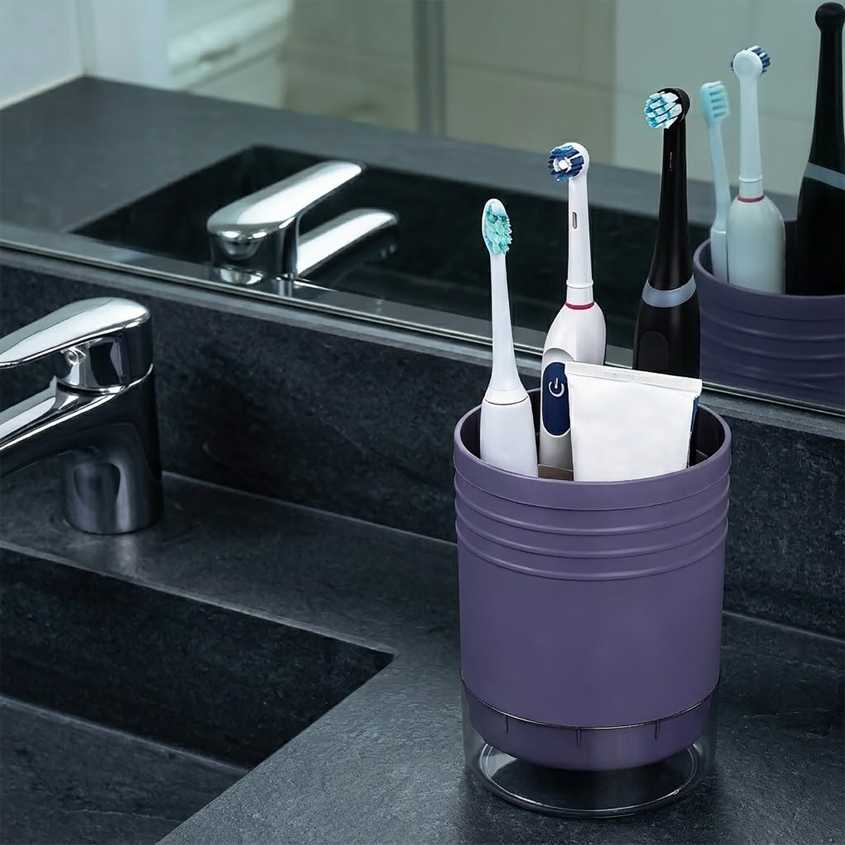 Linkidea Electric Toothbrush Holder for Bathroom with Drainage Tray, Plastic Countertop Stand with Detachable Divider, Compatible with Oral-B io Series, Philips Sonicare (Purple)