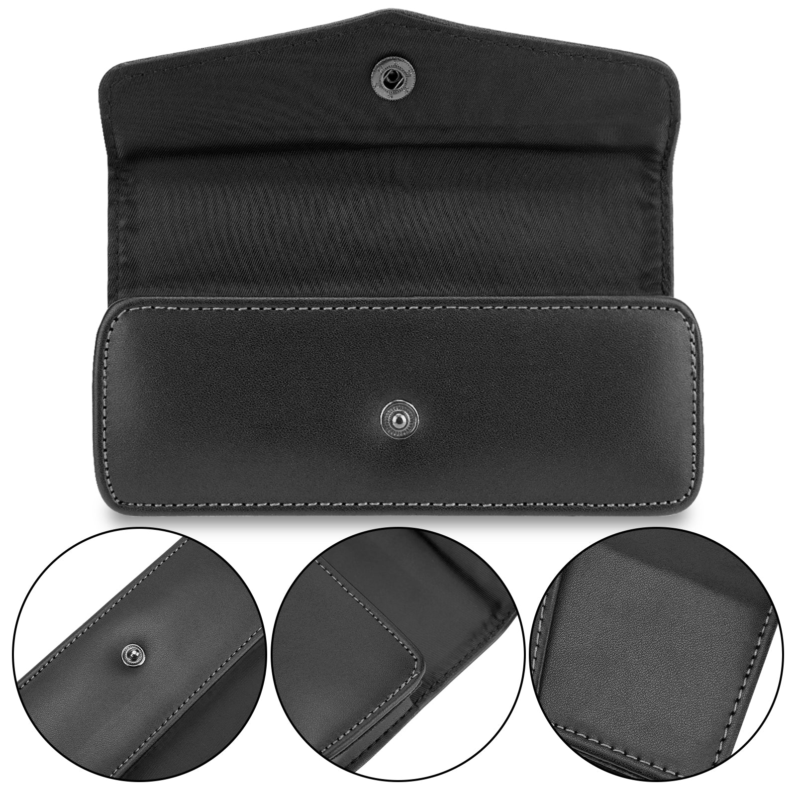 Hard Shell Eyeglasses Case, Black Vegan Leather Portable Eyewear Storage Bag Compatible with Reading Nearsighted Glasses, Can Wear a Belt