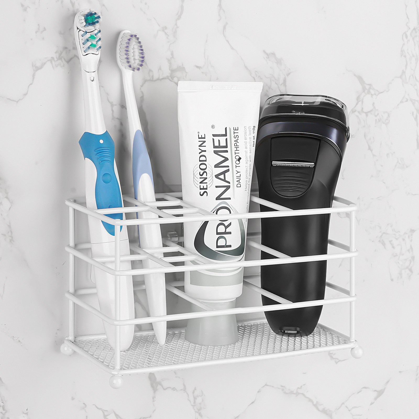 Linkidea Ventilated Toothbrush Holder Wall Mounted, Non-Slip Electric Toothbrush Holder Toothpaste Storage Organizer, 7 Slots Multifunctional Rack for Razor, Shaver, Comb (White)