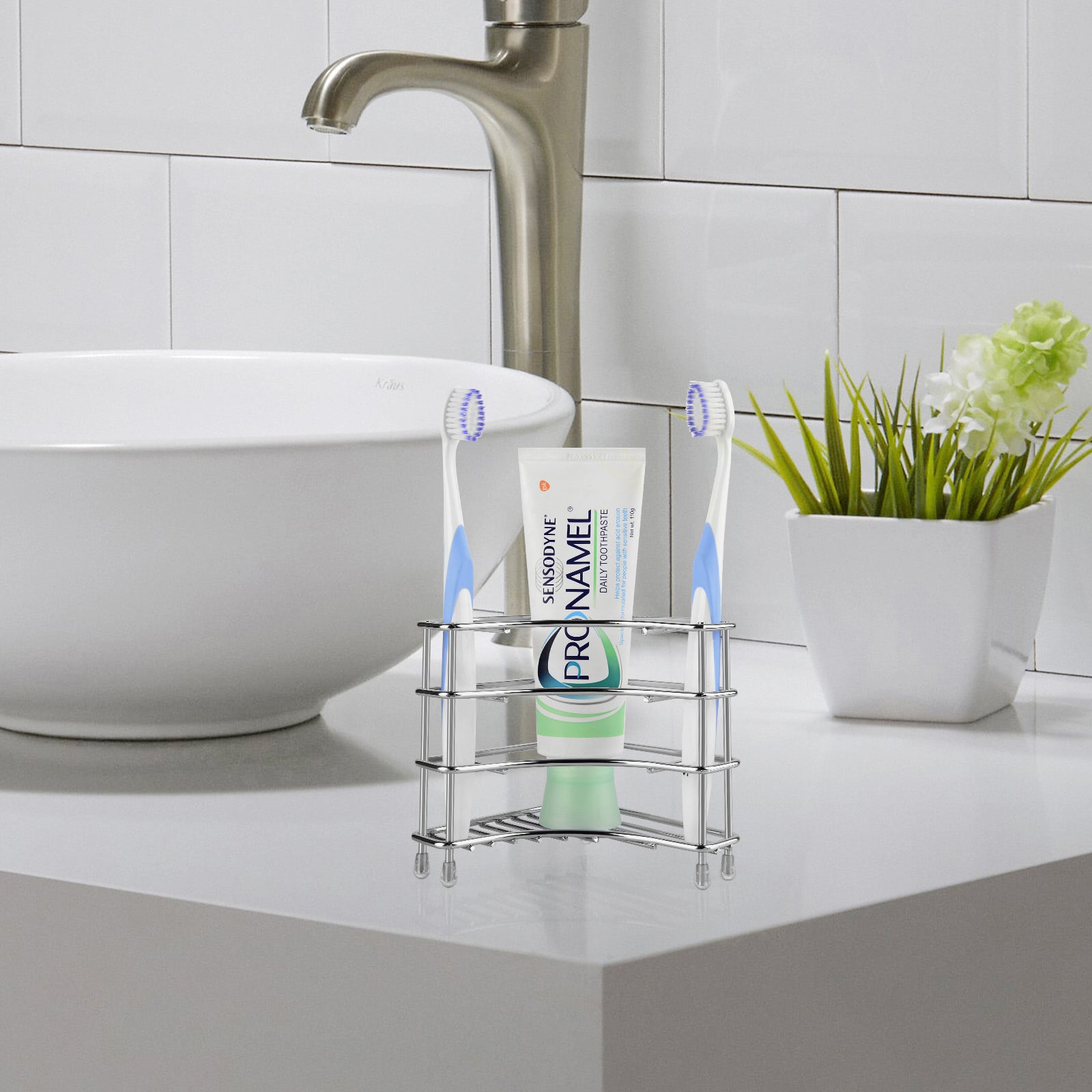 Linkidea Corner Wall Mount Toothbrush Holders for Bathroom, Self Adhesive Triangle Corner Shower Shelf for Tile Walls, Stainless Steel Electric Toothbrush Toothpaste Organizer (Silver)