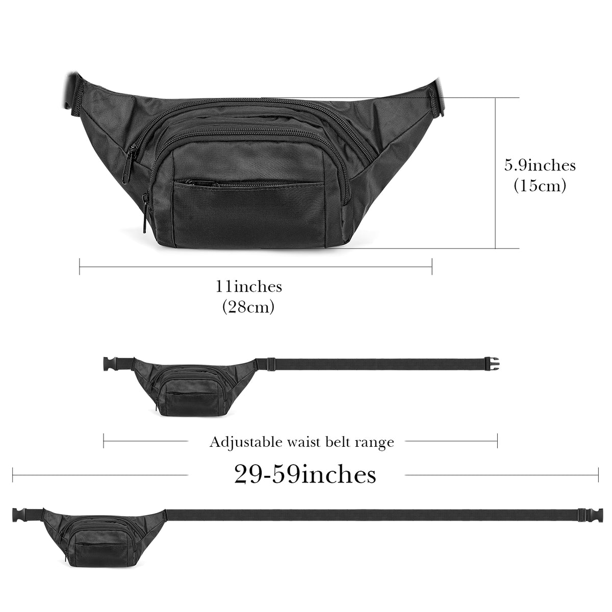 Extra Long Strap Fanny Pack, 59 Inch Max Adjustable Strap Plus Size Crossbody Bag, Extended Length Lightweight Waist Bag with Zipper and Pockets (Black)