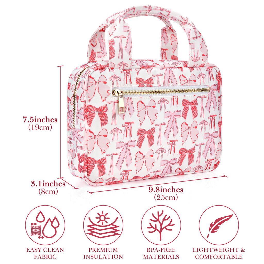 Linkidea Pink Bows Lunch Bag, Thermal Insulated Box Container, Portable Box Tote Bag for Women, Easy Clean Water Resistant Fabric with Zippered Pockets