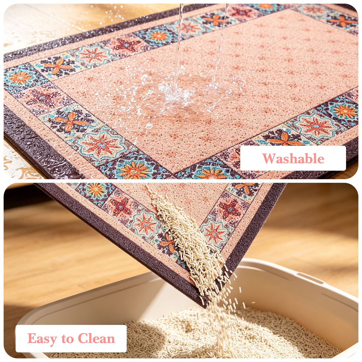 Decorative Cat Litter Mat 19.7 x 31.5 Inches, Traps Scattered Litter, Non-Slip PVC Backing, Easy-to-Clean Floor Protector, Indoor Cat Flooring Accessory