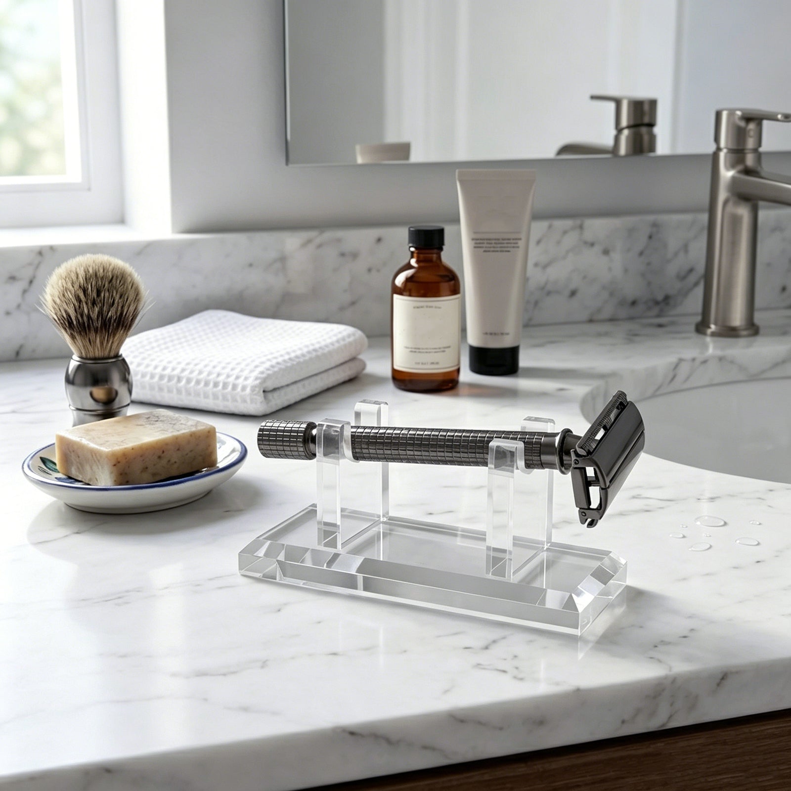 Linkidea Acrylic Short Safety Razor Stand, Stable Holder for Short Handle Double Edge Razors, Compatible with Viking Blade Chieftain, Henson, Rockwell, Merkur 34C, 15C, 37C