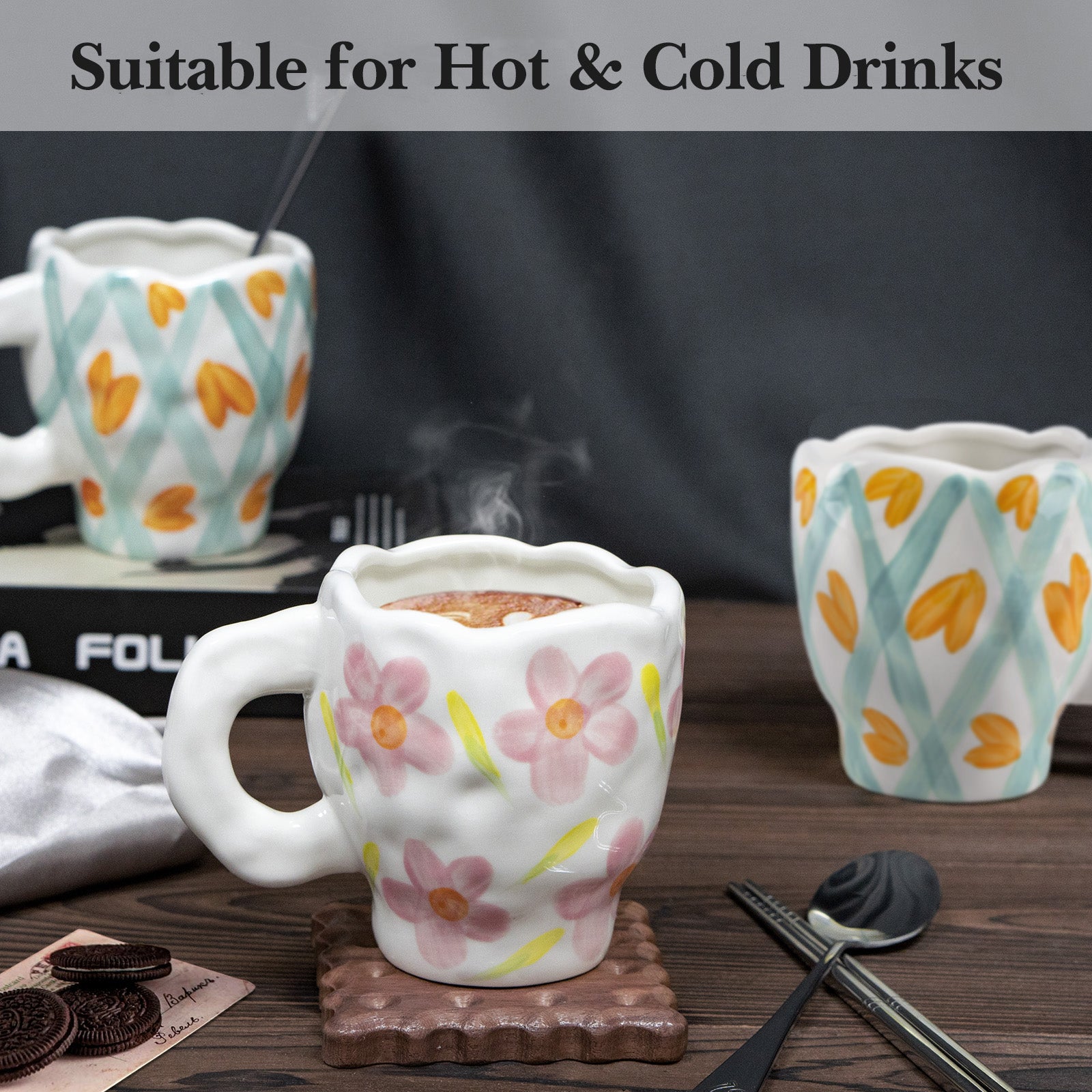 Linkidea Ceramic Coffee Mug, 12oz/350ml Hand-Painted Irregular Coffee Cup, Novelty Teacups with Handles for Beer, Latte, Hot Cocoa, Microwave and Dishwasher Safe (Pink Flower)