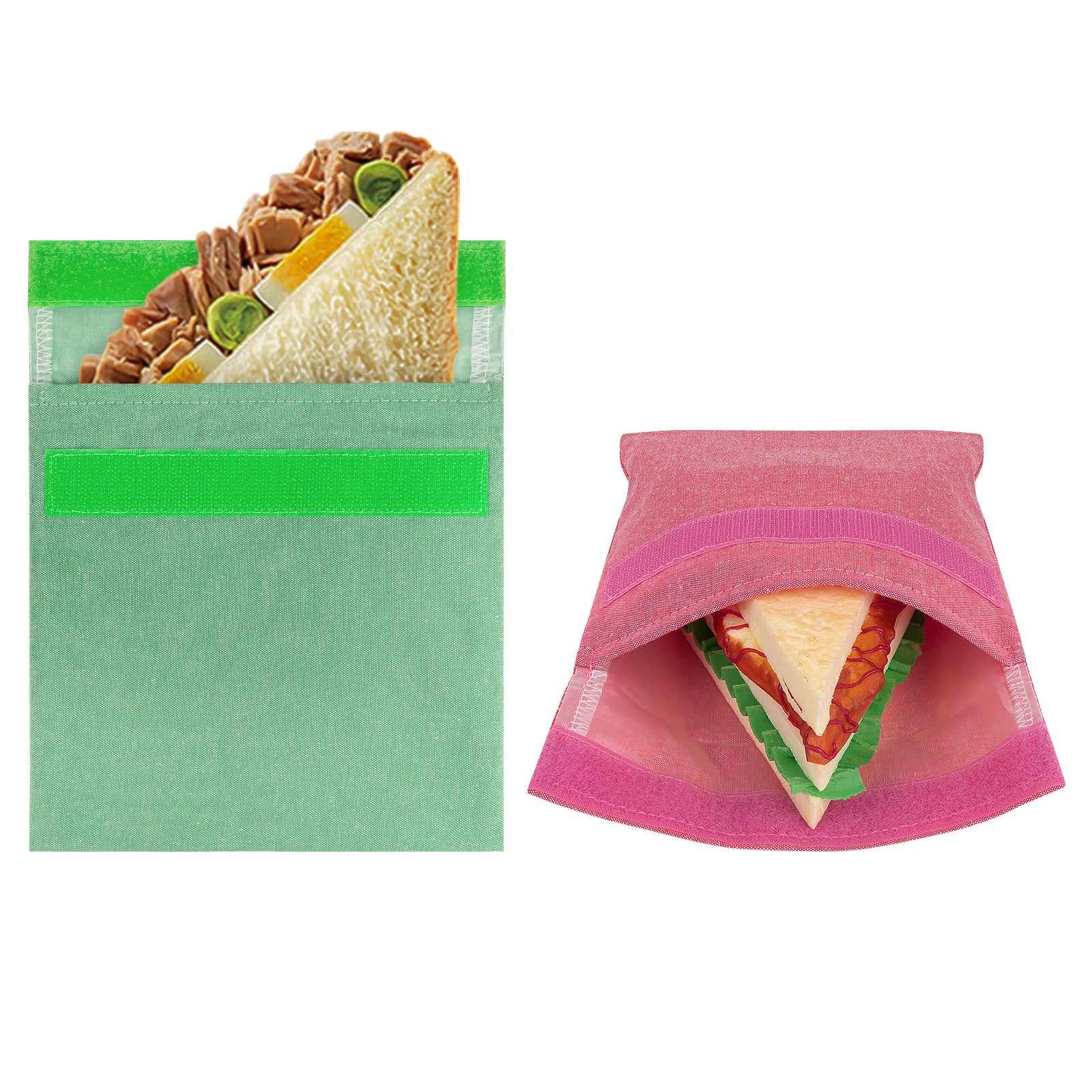 Linkidea 2 Pcs Reusable Snack Bag, Recycled Hook and Loop Packs Pouch for Adult, Leak-Proof Pack It Snack Bag Fits Snacks, Sandwich (Rred, Green)