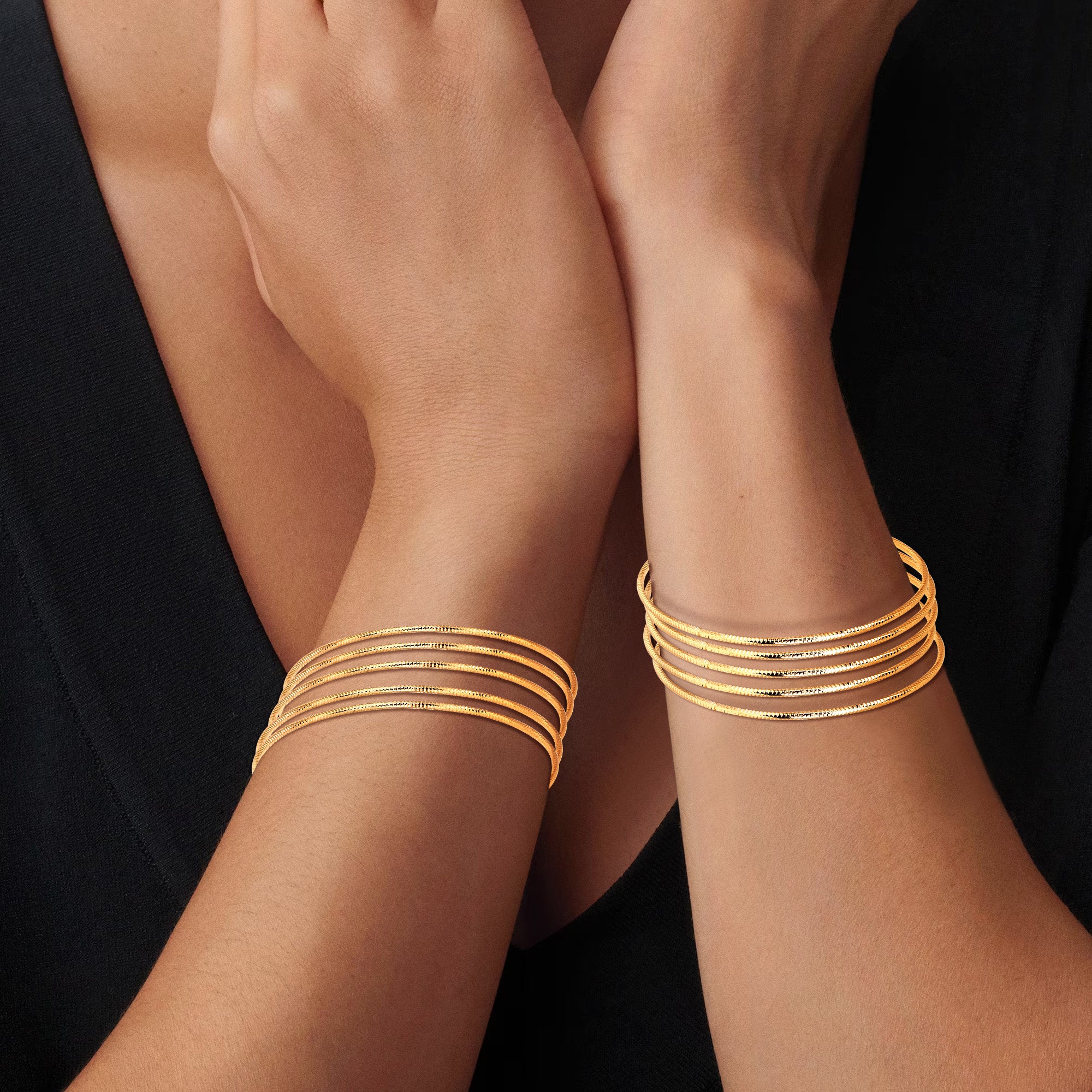 10-Piece Gold-Tone Extra-Large Bangle Set for Women, 2.68" Fixed Round Bracelets, Thin Stackable Textured Bangles for Large Hands, Non-Adjustable