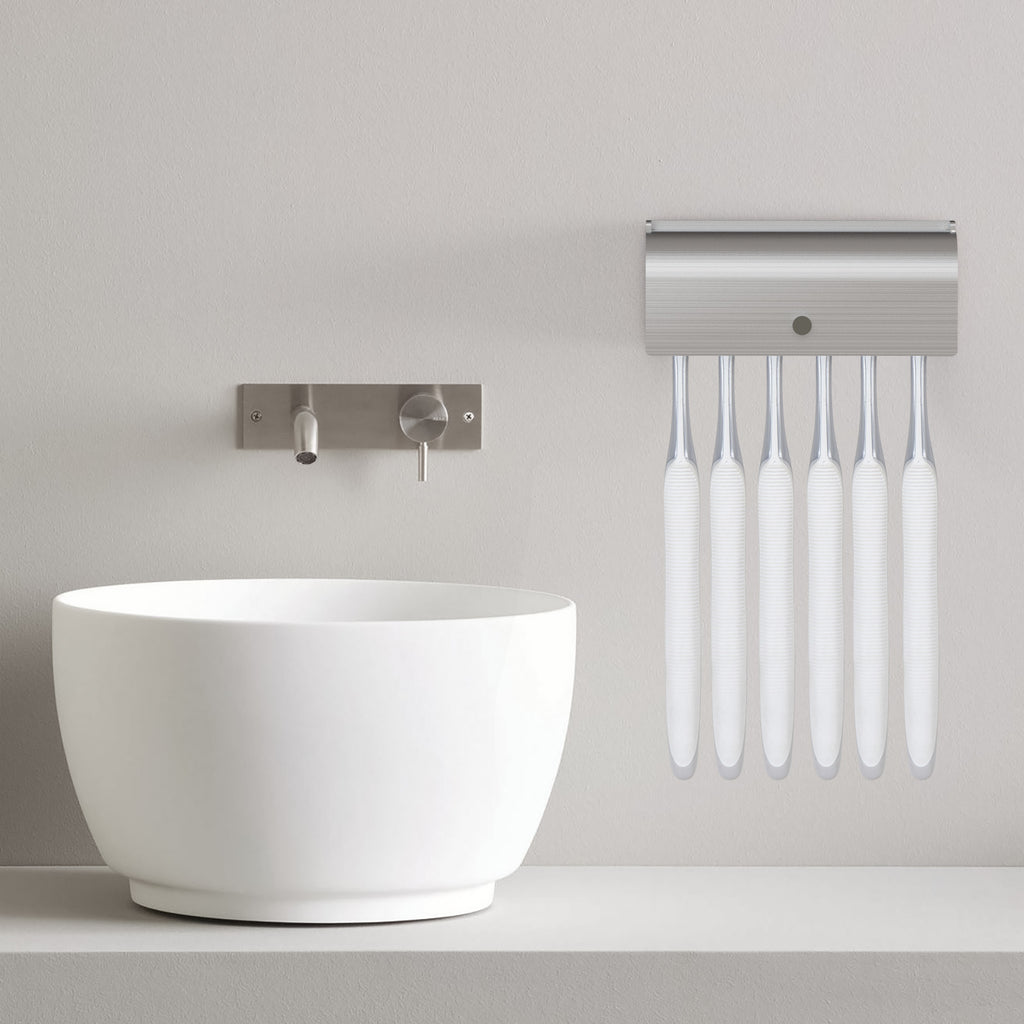 Linkidea Wall Mount Toothbrush Holder with Cover for Bathroom, Shower, Stainless Steel Self Adhesive Wallmount 6 Slots Tooth Brush Hanger