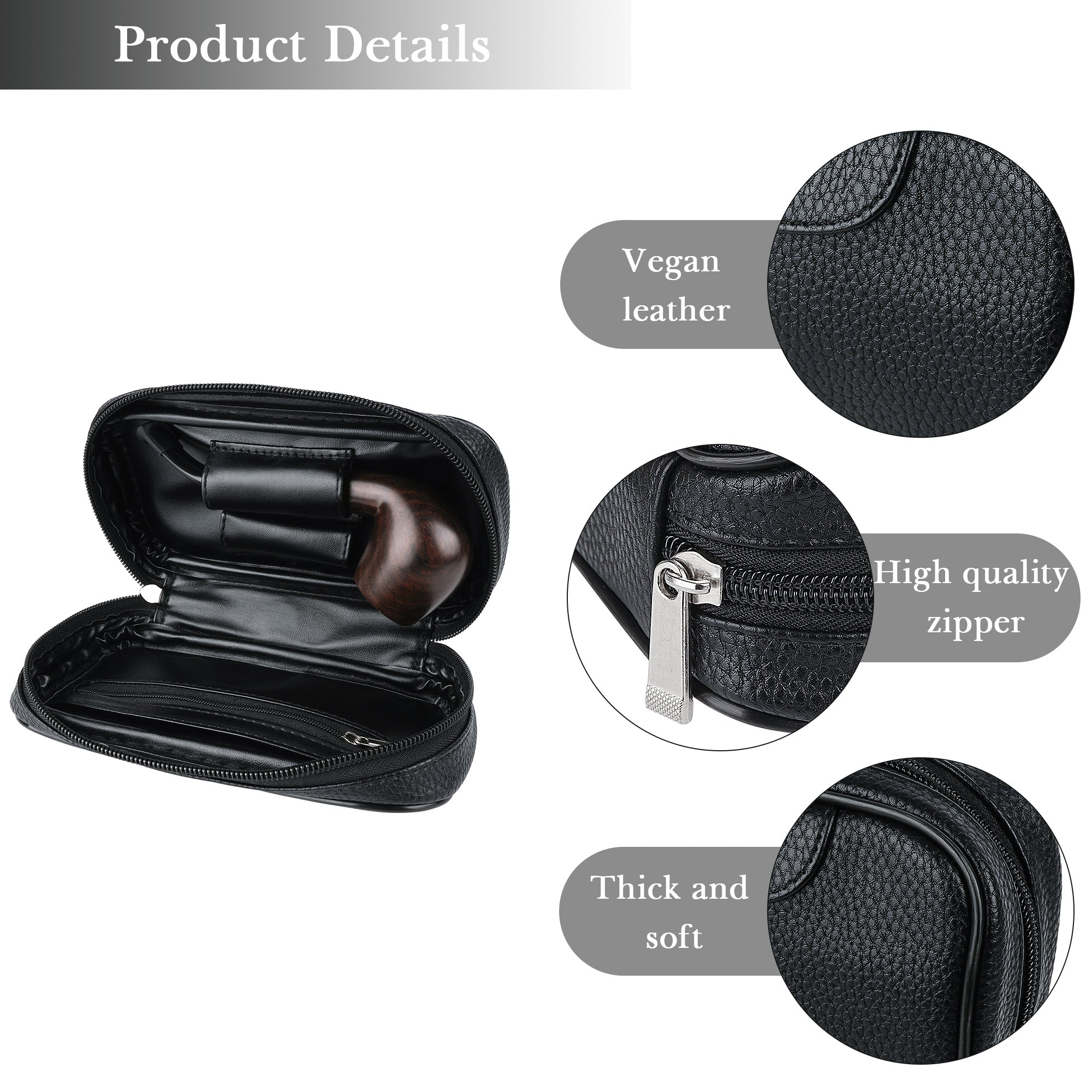 Linkidea Vegan Leather Tobacco Pipe Bag, Travel Pipe Organizer Pouch for Tobacco Pipes & Accessories, Portable Protective Storage Case for Gifts (Black)