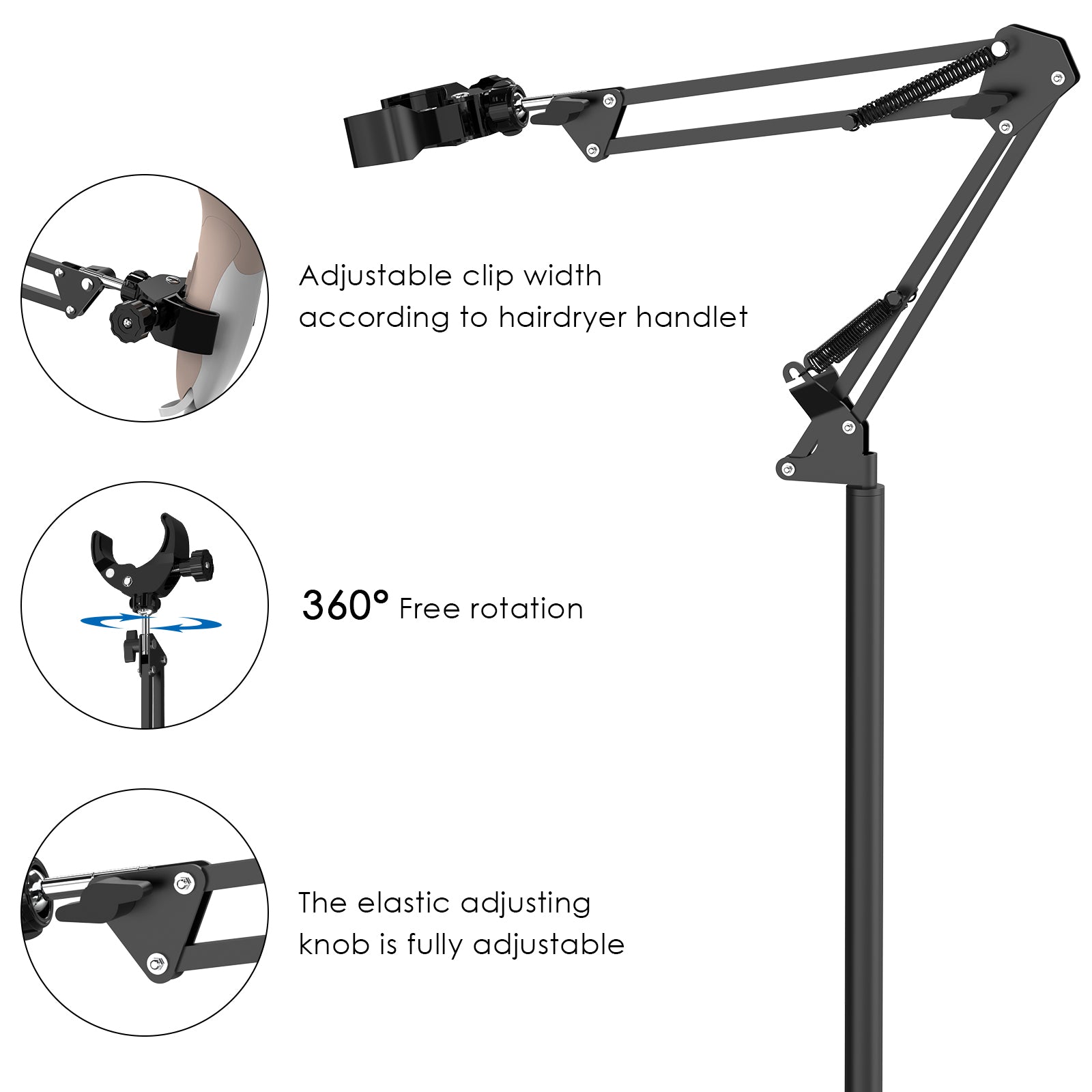 Linkidea Hair Dryer Stand, 360 Degree Rotating Blow Dryer Holder Hands-Free, Adjustable Height Hair Dryer Rack with Heavy Base for Home Salon