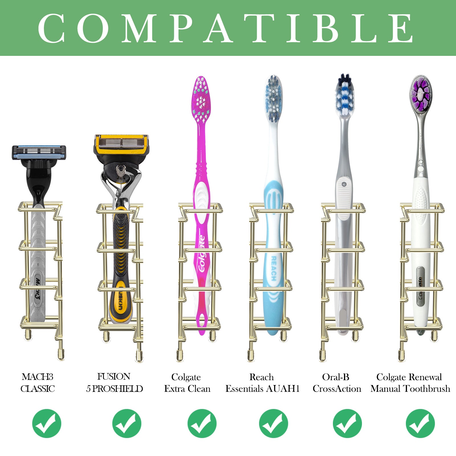 Linkidea Wall Mount/Countertop Toothbrush Holder for Shower, Stainless Steel Toothpaste Stand, 3 Slots Organizer Compatible with Colgate Extra Clean, Oral-B CrossAction (Gold)