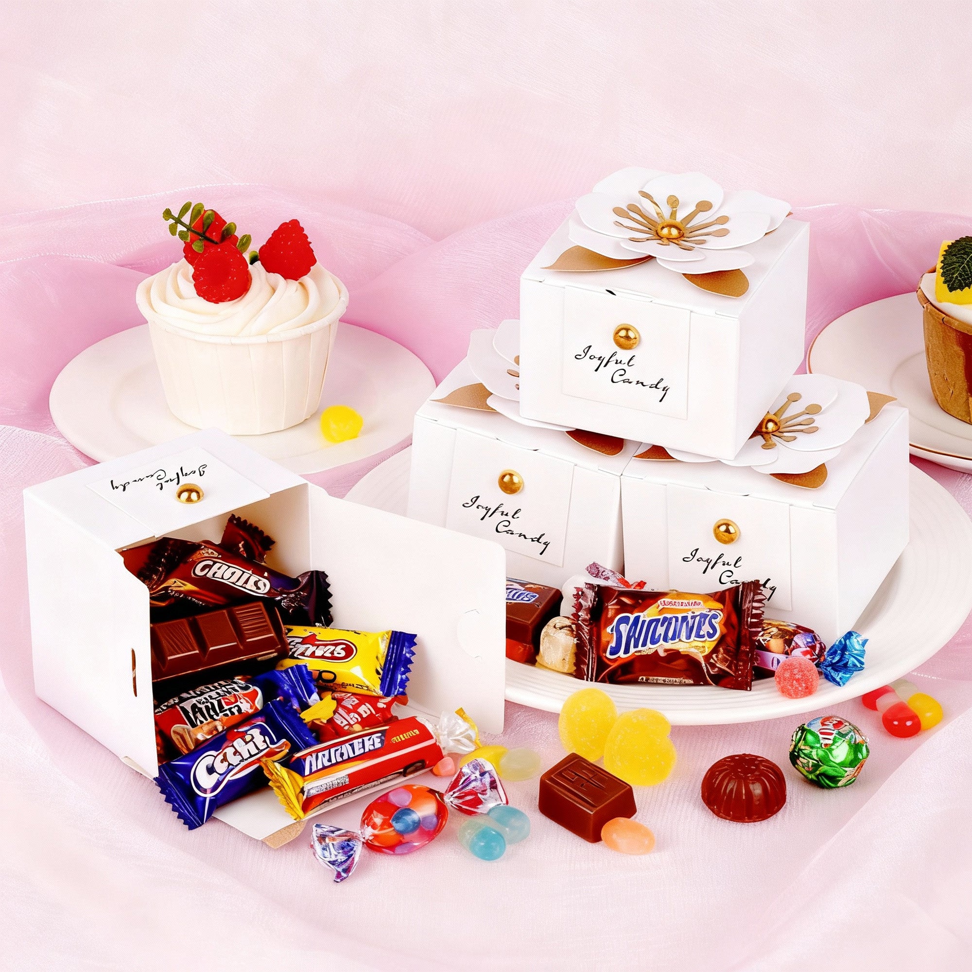 Linkidea 20 Pcs White Floral Folding Candy Gift Boxes 2.55" x 2.55" x 1.77" for Wedding Favors, Elegant Party Thank You Boxes with Tags