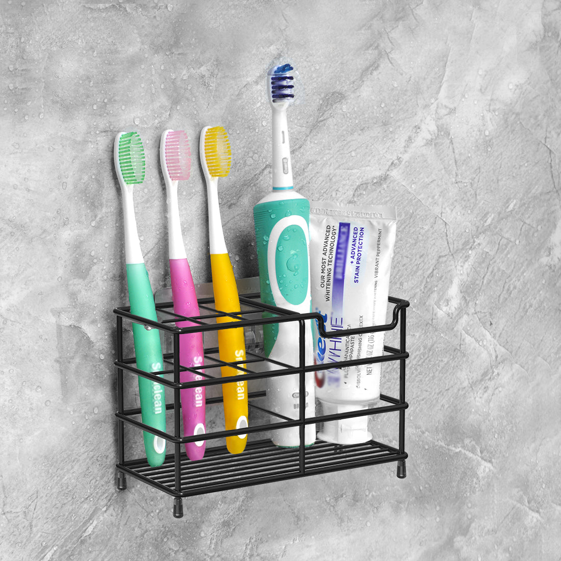 Linkidea Toothbrush Holder for Shower, Stainless Steel Tooth Brush Storage Stand Rack, Wallmount / Countertop 7 Slot Organizer Compatible with Colgate Extra Clean, Oral-B CrossAction (Black)