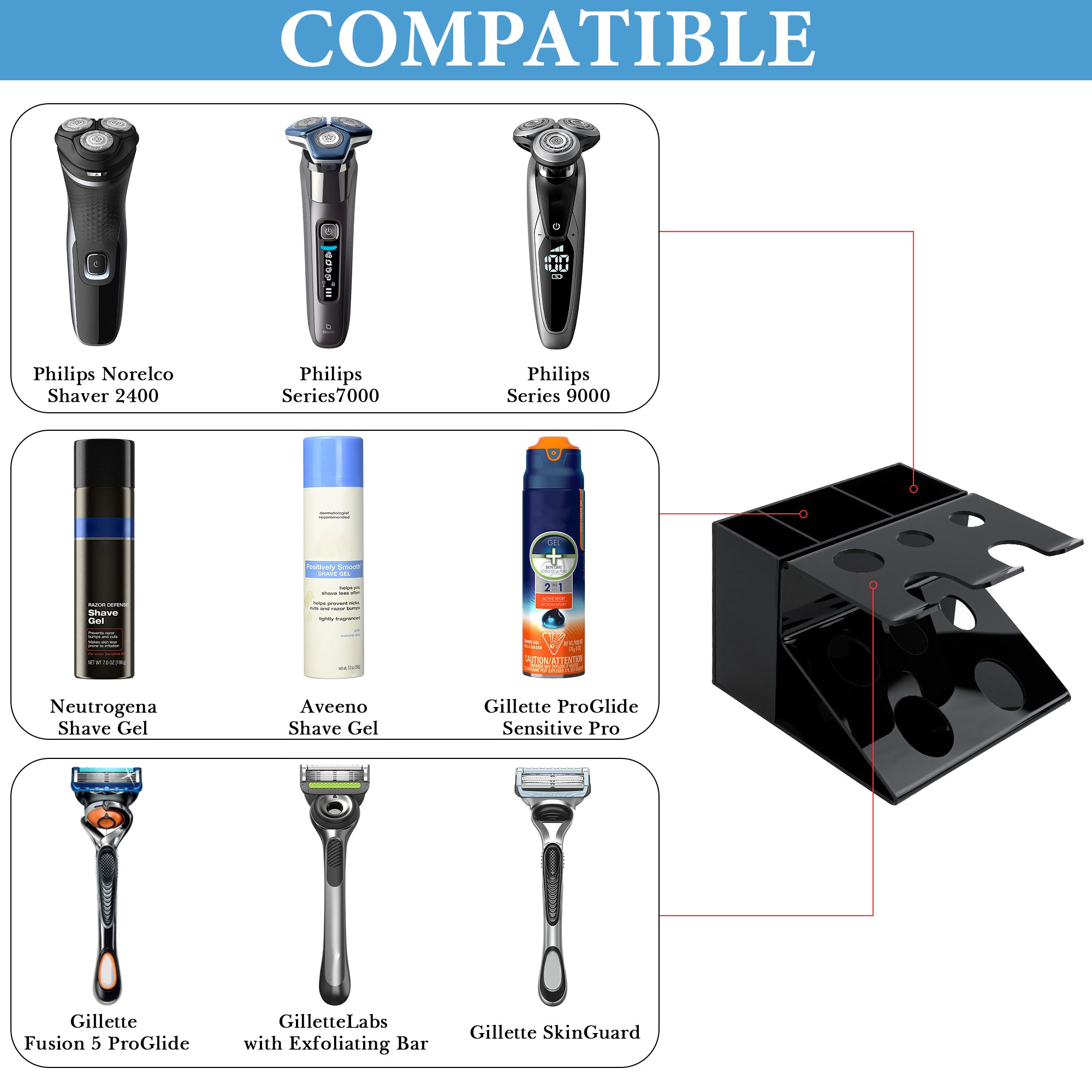 Linkidea Electric Shaver and Razor Stand, Shaving Gel Organizer Holder, Compatible with GilletteLabs Exfoliating Bar, Heated Razor, ProGlide Shield Power (Black)