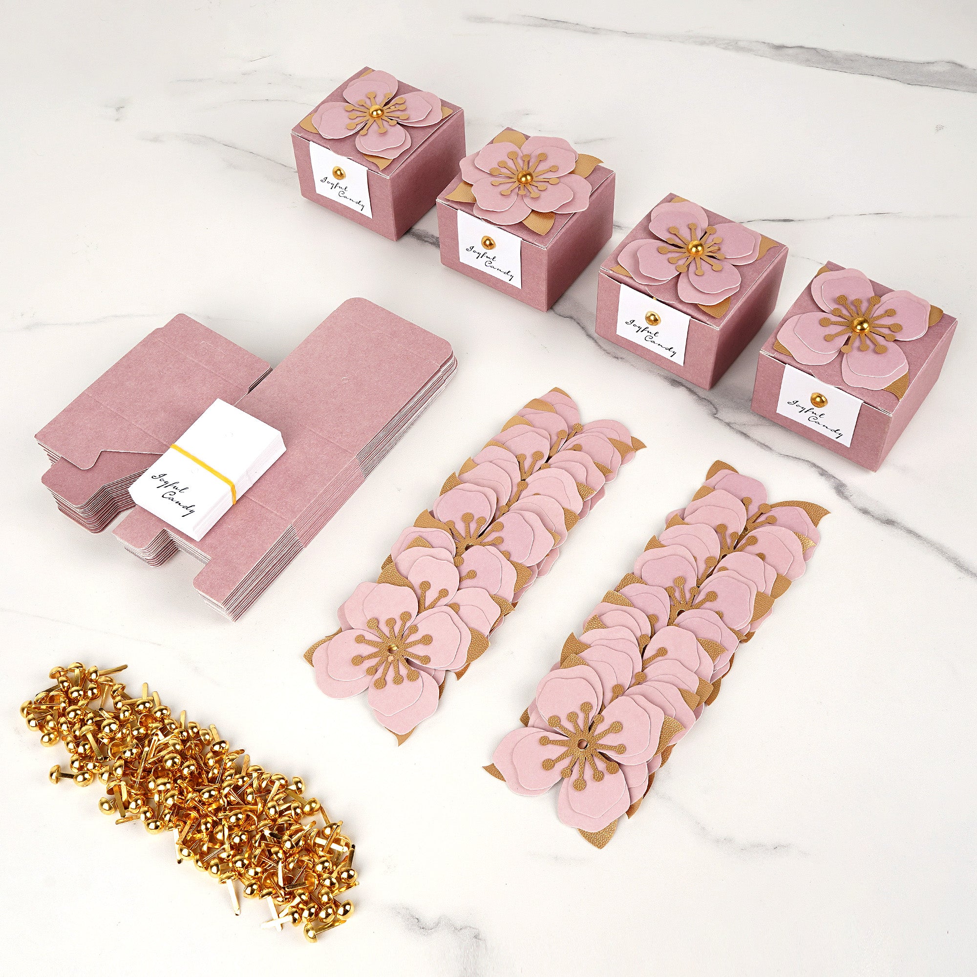 Linkidea 20 Pcs Pink Floral Folding Candy Gift Boxes 2.55" x 2.55" x 1.77" for Wedding Favors, Elegant Party Thank You Boxes with Tags