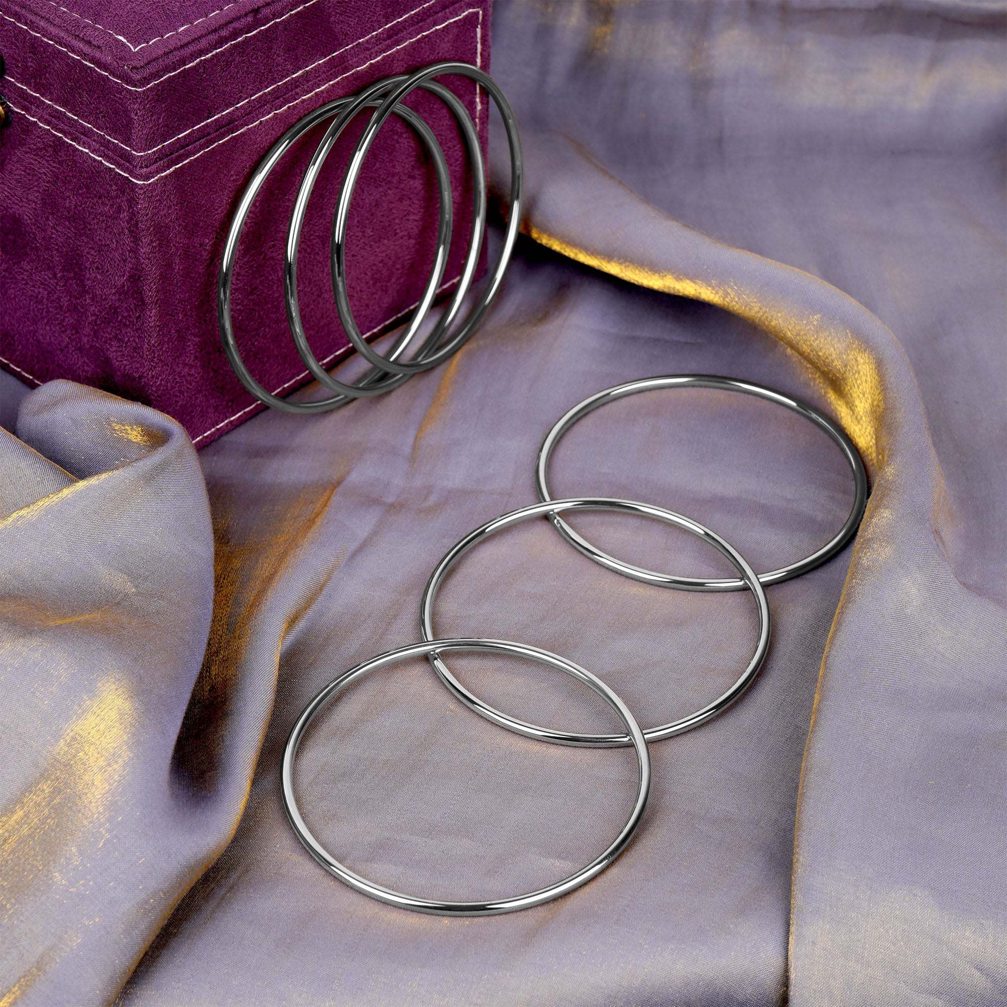 Plus Size Bangle Bracelets Set for Women, Set of 6 Stainless Steel Extra Large Round Silver Bangles Fashion Accessories, 9.8 Inches (XXL)