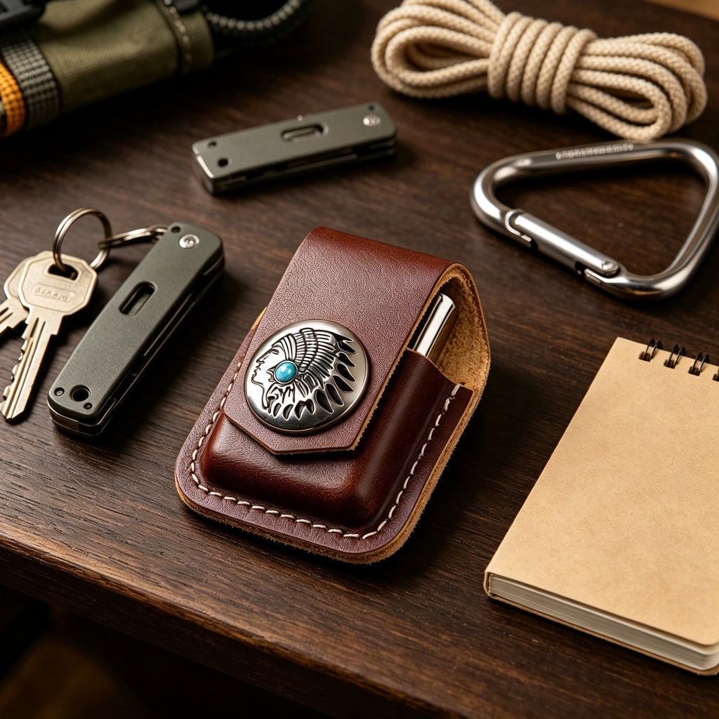 Linkidea Vegan Leather Lighter Pouch with Retro Feather Medallion, Protective Lighter Holster Compatible with Zippo Classic Models, Belt Loop Travel Case (Brown)