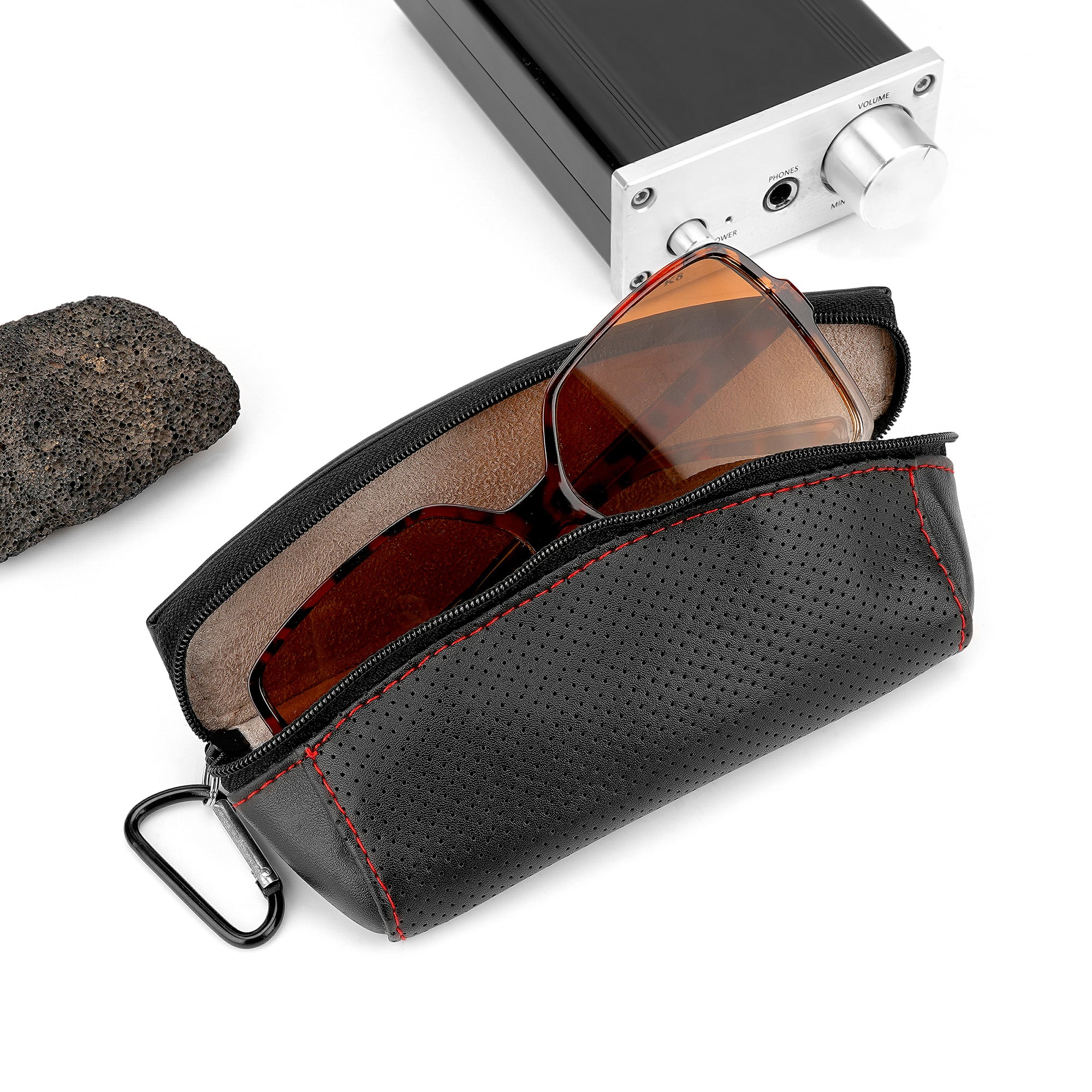 Sunglasses Pouch Bag with Carabiner, Black Vegan Leather Sunwear Storage, Travel Soft Sunglasses Case Holder Compatible with Rayban RB4394M/RB8360M/RB2140/RB2140