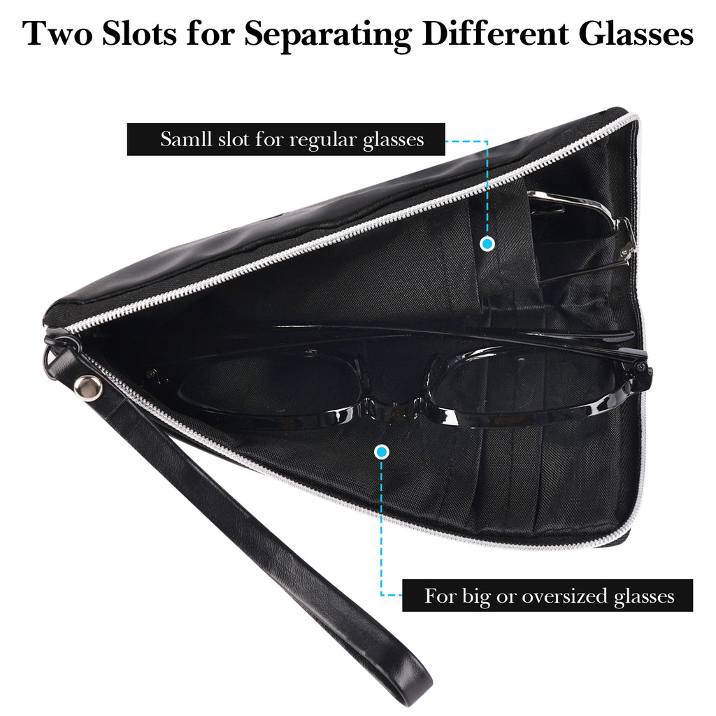 Large Sunglasses Pouch Case, Black Vegan Leather Eyewear Organizer Soft Bag Compatible with CELINE CL40227U Versace VE4395 Gucci GG0595S GG0875S