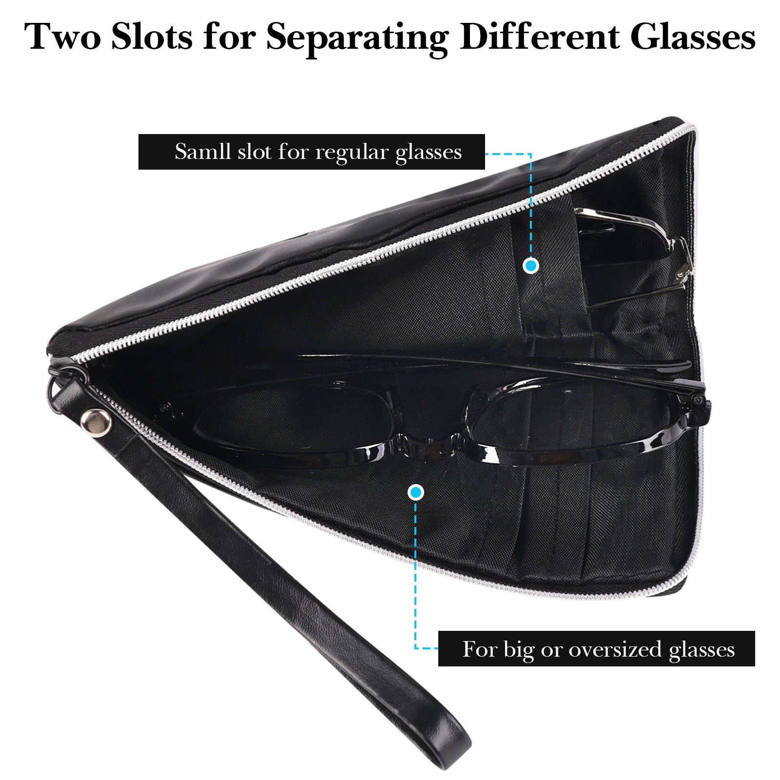 Large Sunglasses Pouch Case, Black Vegan Leather Eyewear Organizer Soft Bag Compatible with CELINE CL40227U Versace VE4395 Gucci GG0595S GG0875S