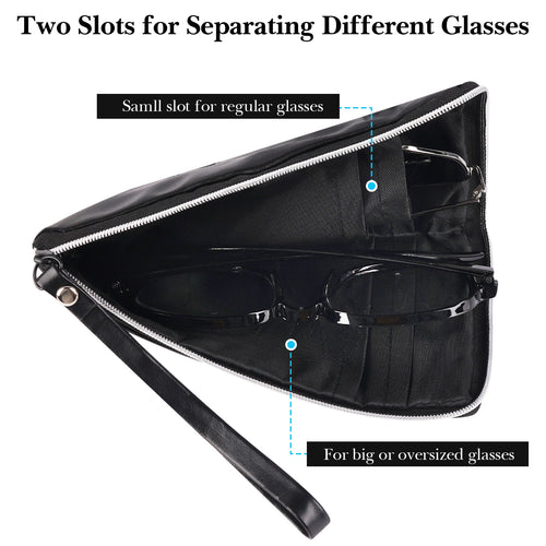 Large Sunglasses Pouch Case, Black Vegan Leather Eyewear Organizer Soft Bag Compatible with CELINE CL40227U Versace VE4395 Gucci GG0595S GG0875S