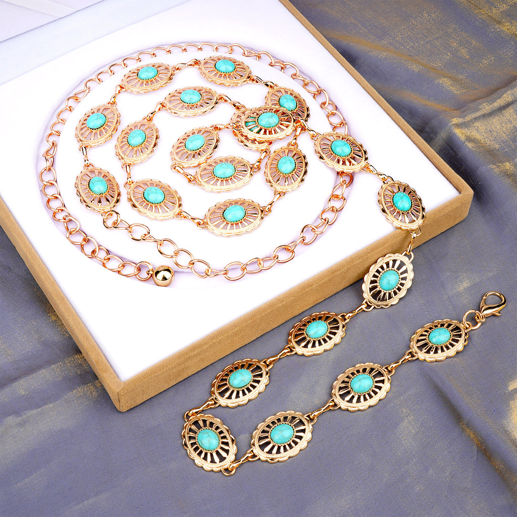 Plus Size Chain Belt for Women, Turquoise Stone Gold Metal Chain Belt Women Belly Waist Chains, Extra Long Body Chain, 59 Inch Adjustable Chunky Belt Chain