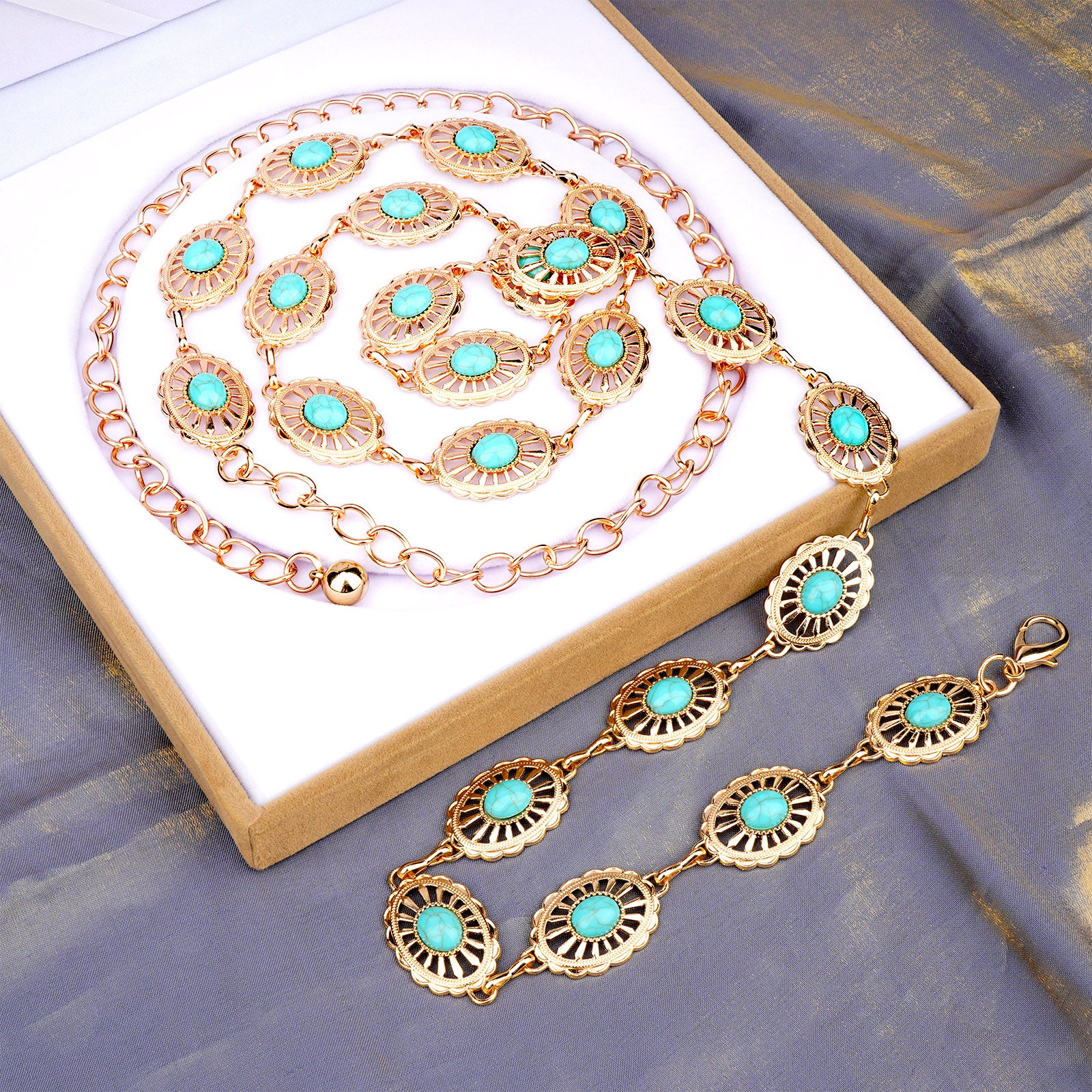 Plus Size Chain Belt for Women, Turquoise Stone Gold Metal Chain Belt Women Belly Waist Chains, Extra Long Body Chain, 59 Inch Adjustable Chunky Belt Chain