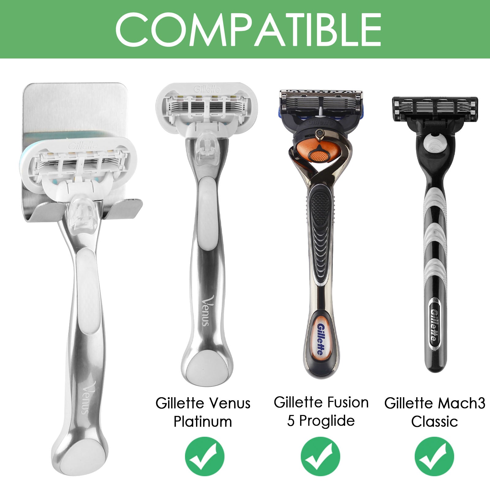 Linkidea 2 Pack Wall Mount Razor Holder for Shower, Self Adhesive Shaver Hooks, Stainless Steel Sticky Hanger Compatible Gillette with Venus Platinum, Fusion 5 Proshield, Mach 3 (Silver)