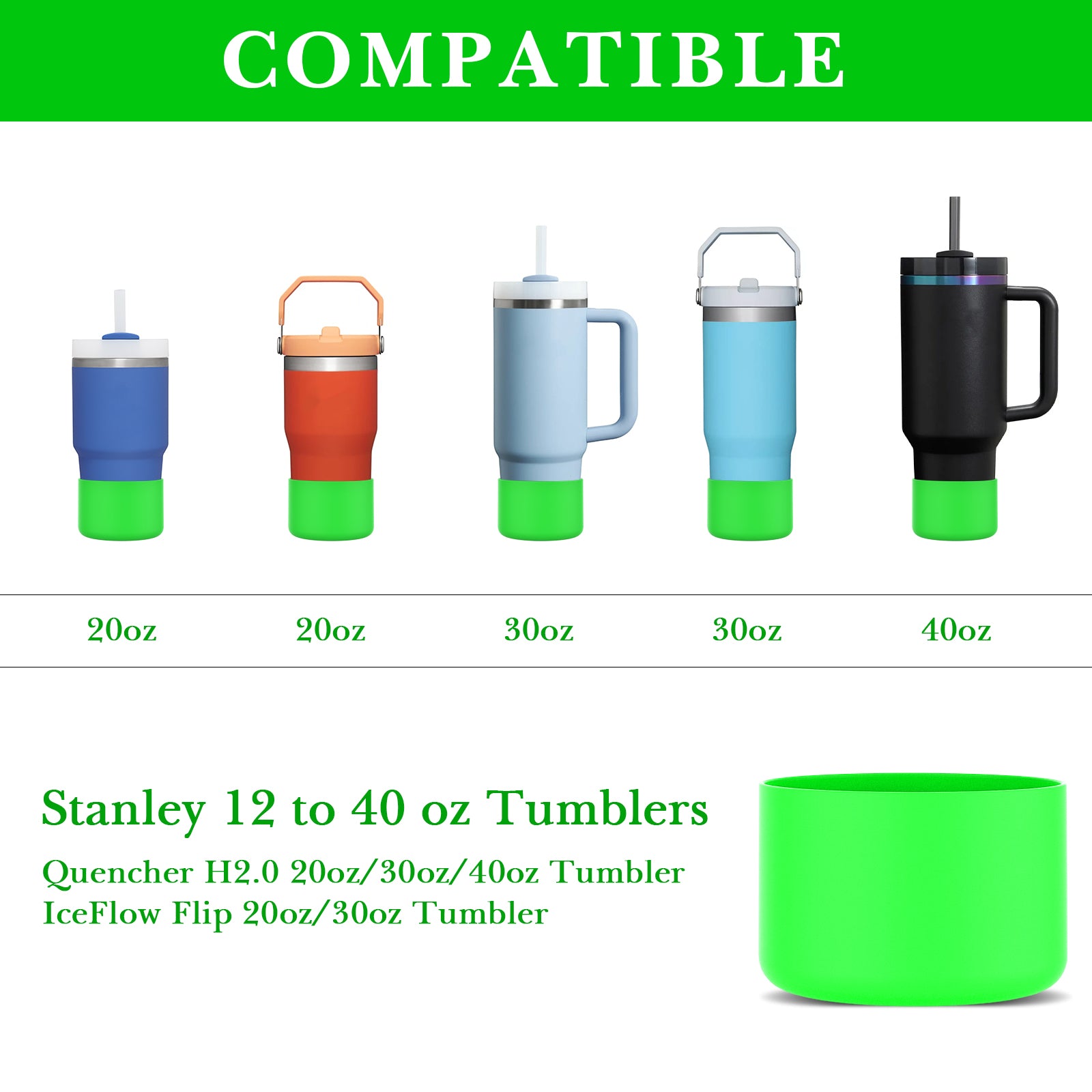 Linkidea 2 Pack Water Bottle Boot Compatible with Stanley Quencher H2.0 20oz/30oz/40oz, IceFlow Flip 20oz/30oz, Silicone Water Bottle Bottom Sleeve Cover Bumper Protector (Neon Green)