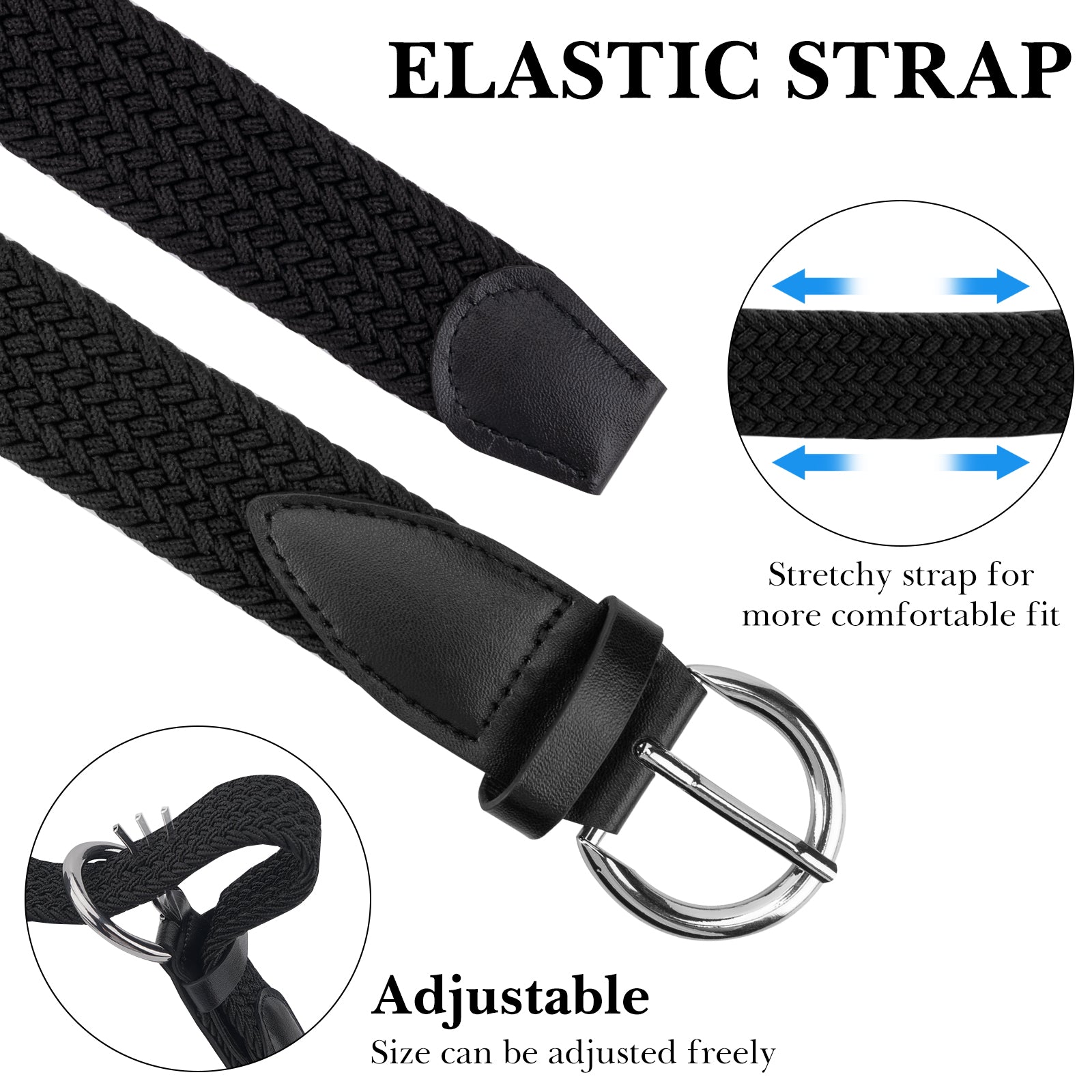 Linkidea Elastic Braided Kids Belt, Adjustable Buckle Black Belts for Girls, Stretchable Waistband Suitable for Age 3 - 6