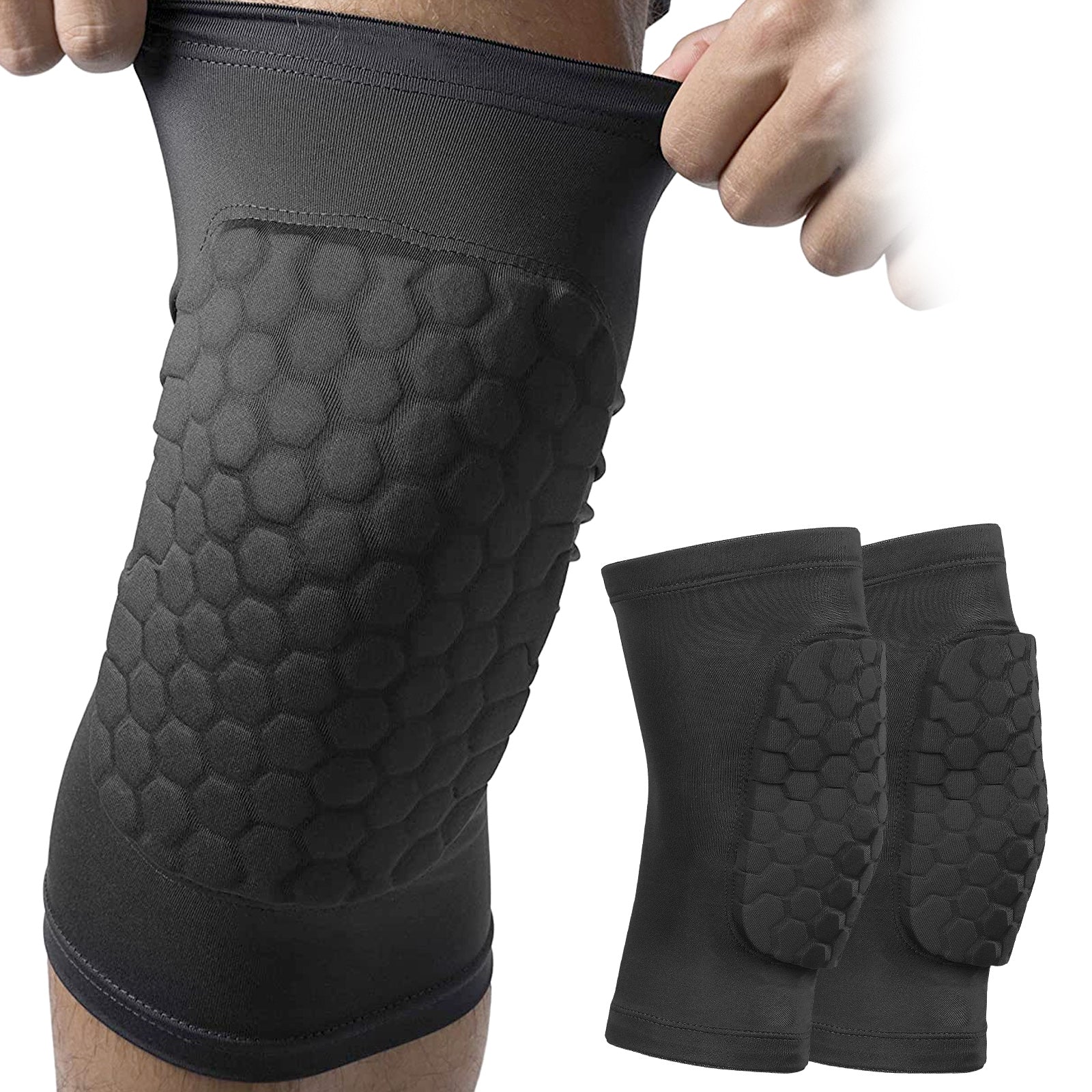 Linkidea Honeycomb Basketball Volleyball Knee Pads for Kids Youth, Football Knee Protective Sleeves, Breathable and Easy to Put On (1 Pair / Black / XS)