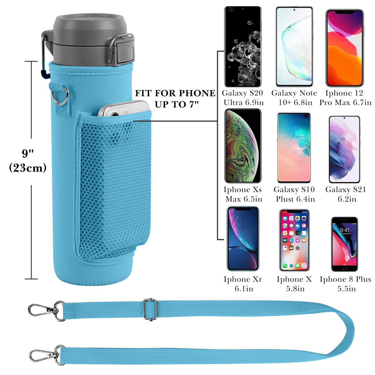 Linkidea Water Bottle Carrier with Strap Compatible with Stanley Quick Flip GO 24/36oz, IceFlow Fast Flow 24/36oz, Waterbottle Sling Bag Holder, Shoulder Strap with Phone Mesh Pocket, Blue