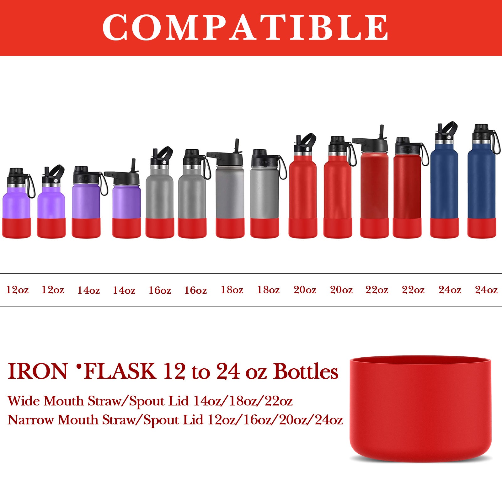 Linkidea 2 Pack Water Bottle Boot Compatible with IRON °FLASK Wide/Narrow Mouth 12oz/14oz/16oz/18oz/20oz/22oz/24oz, Silicone Bottle Bottom Sleeve Cover Bumper Protector (Red)