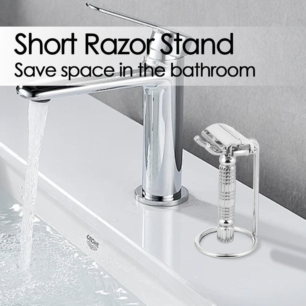 Linkidea Short Handle Safety Razor Stand, Stainless Steel Shaving Razor Holder, Deluxe Men's Travel Shaver Stand, ONLY Compatible with Razor Handle Less Than 3.5'' (Silver/Polished Chrome)