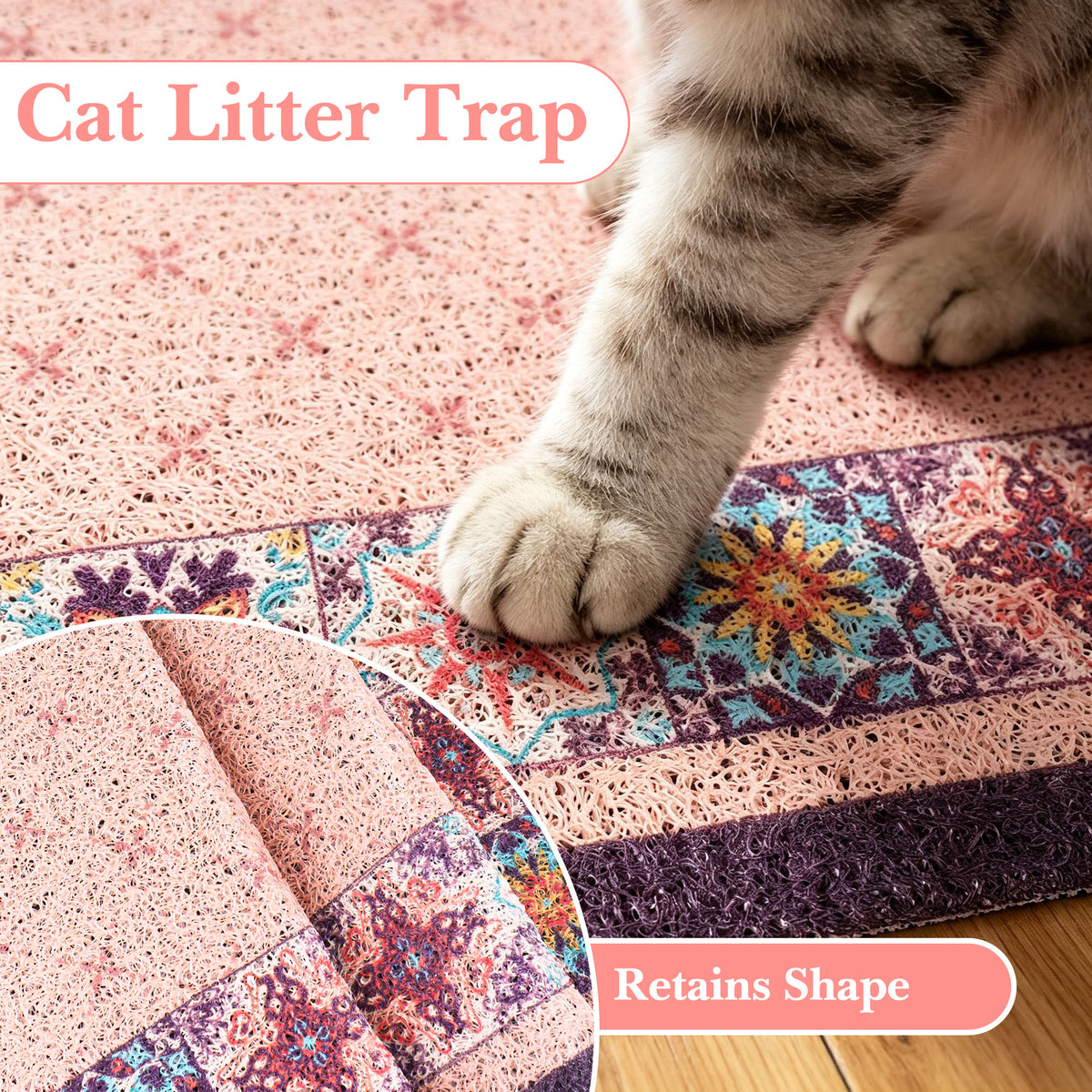 Decorative Cat Litter Mat 19.7 x 31.5 Inches, Traps Scattered Litter, Non-Slip PVC Backing, Easy-to-Clean Floor Protector, Indoor Cat Flooring Accessory