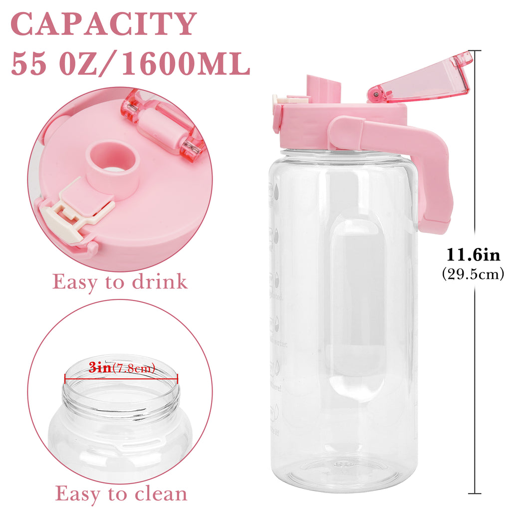 Linkidea 55oz Tritan Water Bottle with Strap & Handle, Reusable Sports Waterbottle with Time Marker, Portable Large Waterbottle for Gym Fitness Outdoor