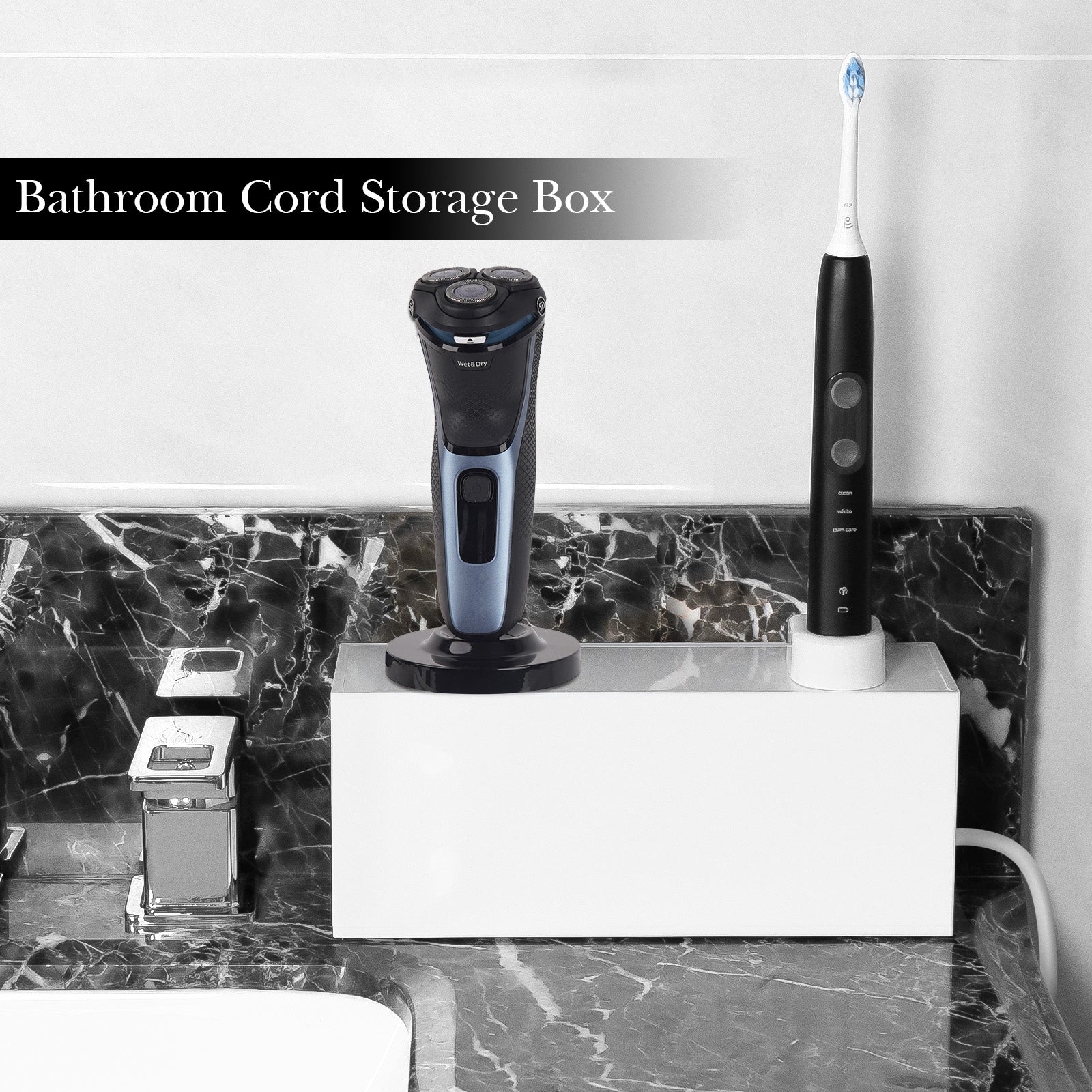 Linkidea Acrylic Bathroom Cord Storage Box, Compatible with Electric Toothbrush and Razor, Waterproof Power Cable Management Holder, Countertop Wire Organizer Container (White)