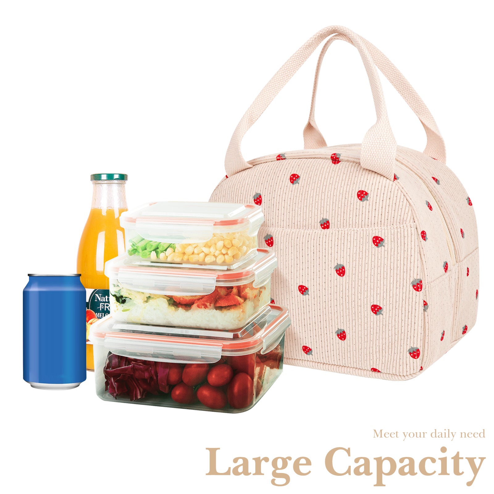 Linkidea Lunch Box for Adult, Corduroy Lunch Bag with Hand Strap, Large Capacity Lunch Bag for Everyday Outing, Compatible with Crock Pot, DUPASU, Aotto, LUNCHEAZE (Off White)